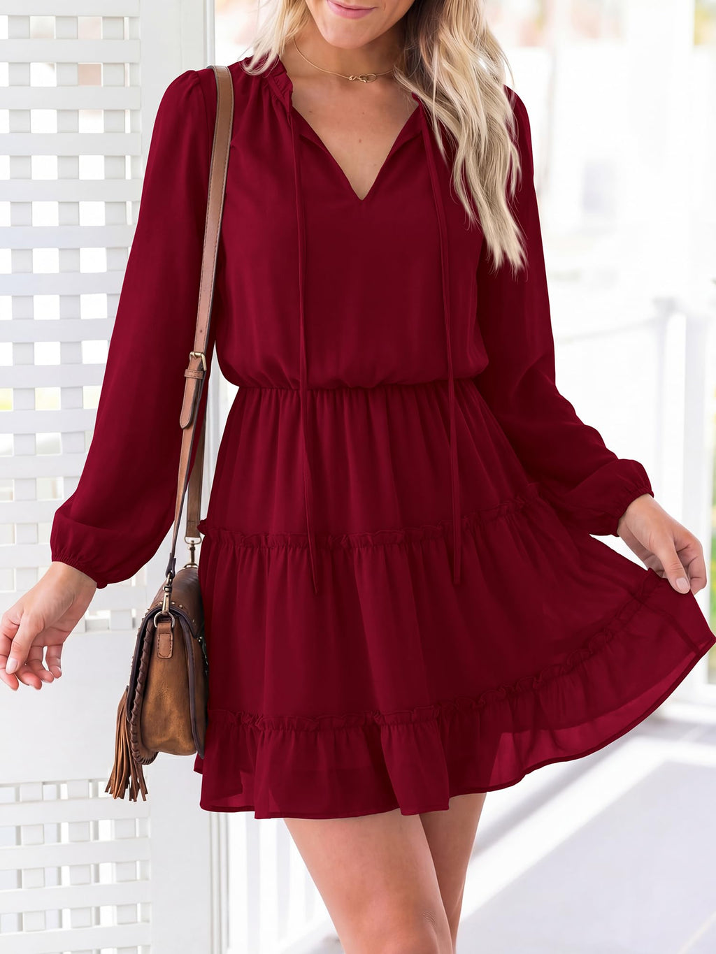 BTFBM Long Sleeve Summer Dresses for Women Casual Tie Neck Ruffle Tiered A Line Mini Spring Wedding Guest Dress