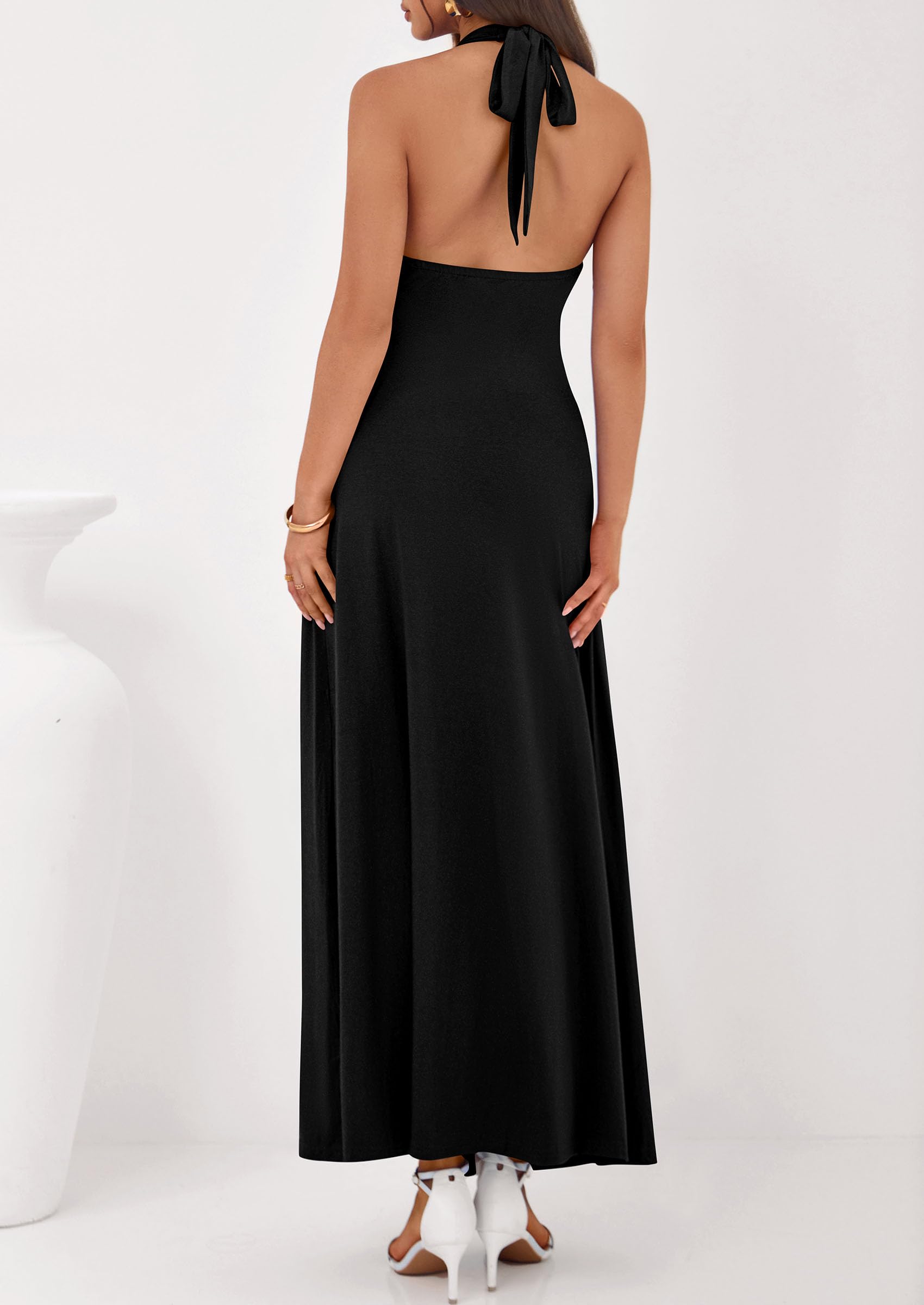 PRETTYGARDEN Holiday Cocktail Dresses for Women Summer Elegant V Neck Halter Backless Wedding Guest Party Midi Dress