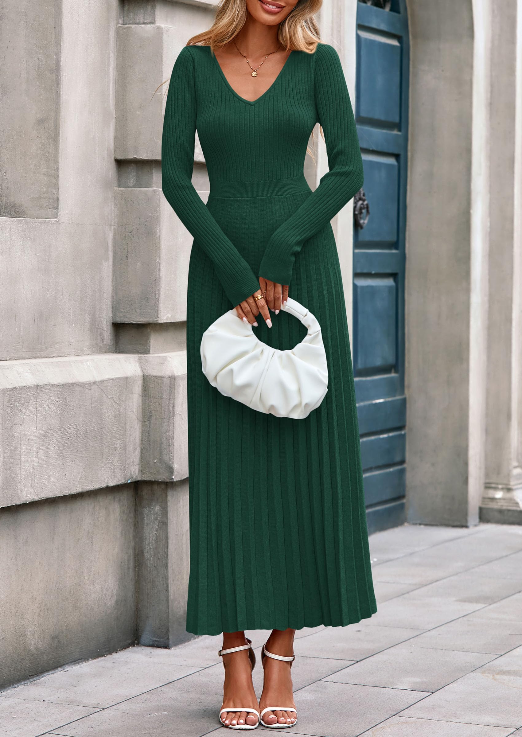 PRETTYGARDEN Women Sweater Dress Fall Fashion Long Sleeve V Neck Ribbed Knit Pleated A Line Elegant Maxi Winter Dresses