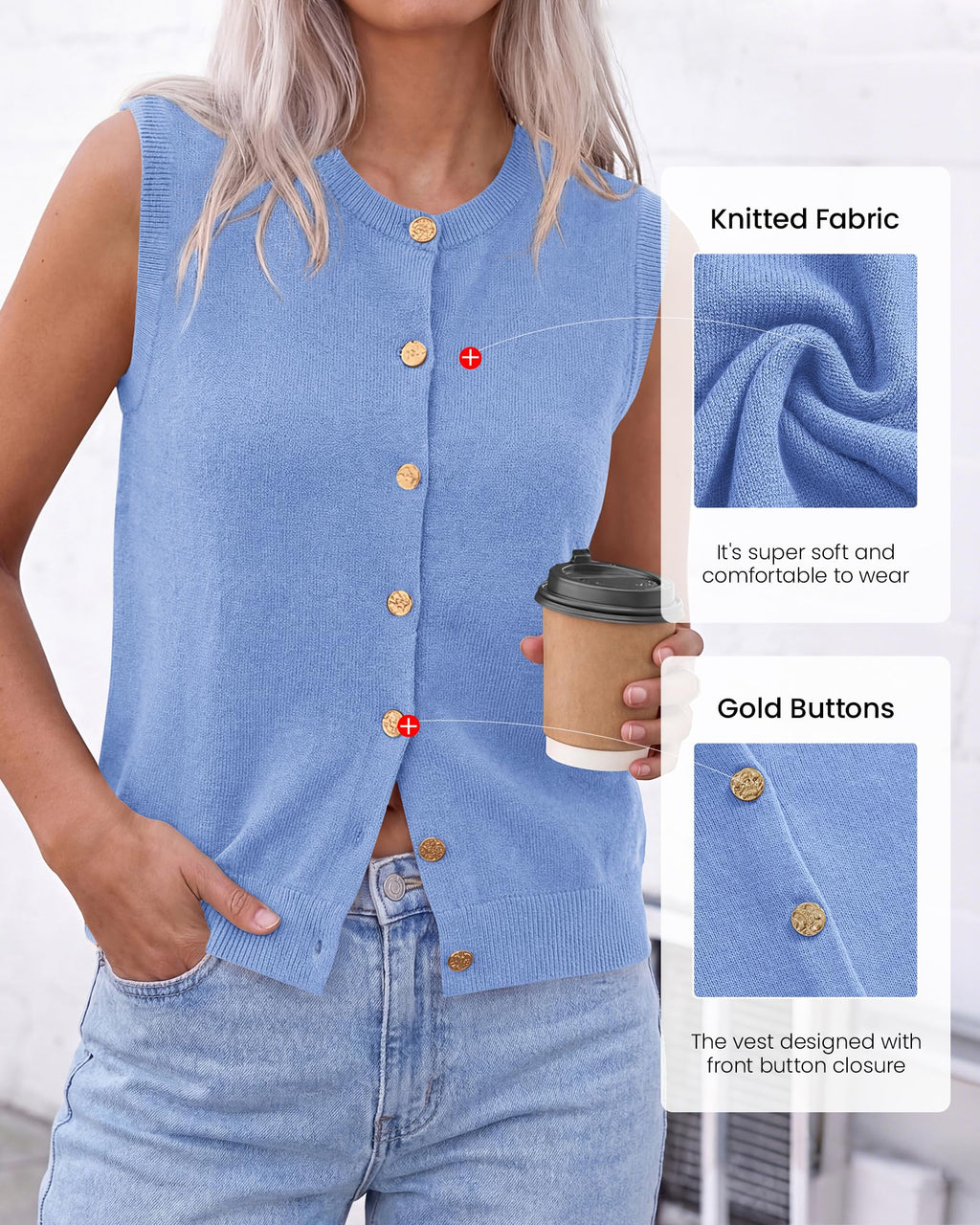 BTFBM Sweater Vest Women Casual Crewneck Loose Button Down Knit Sleeveless Cardigan Spring Clothes Summer Vest Tops