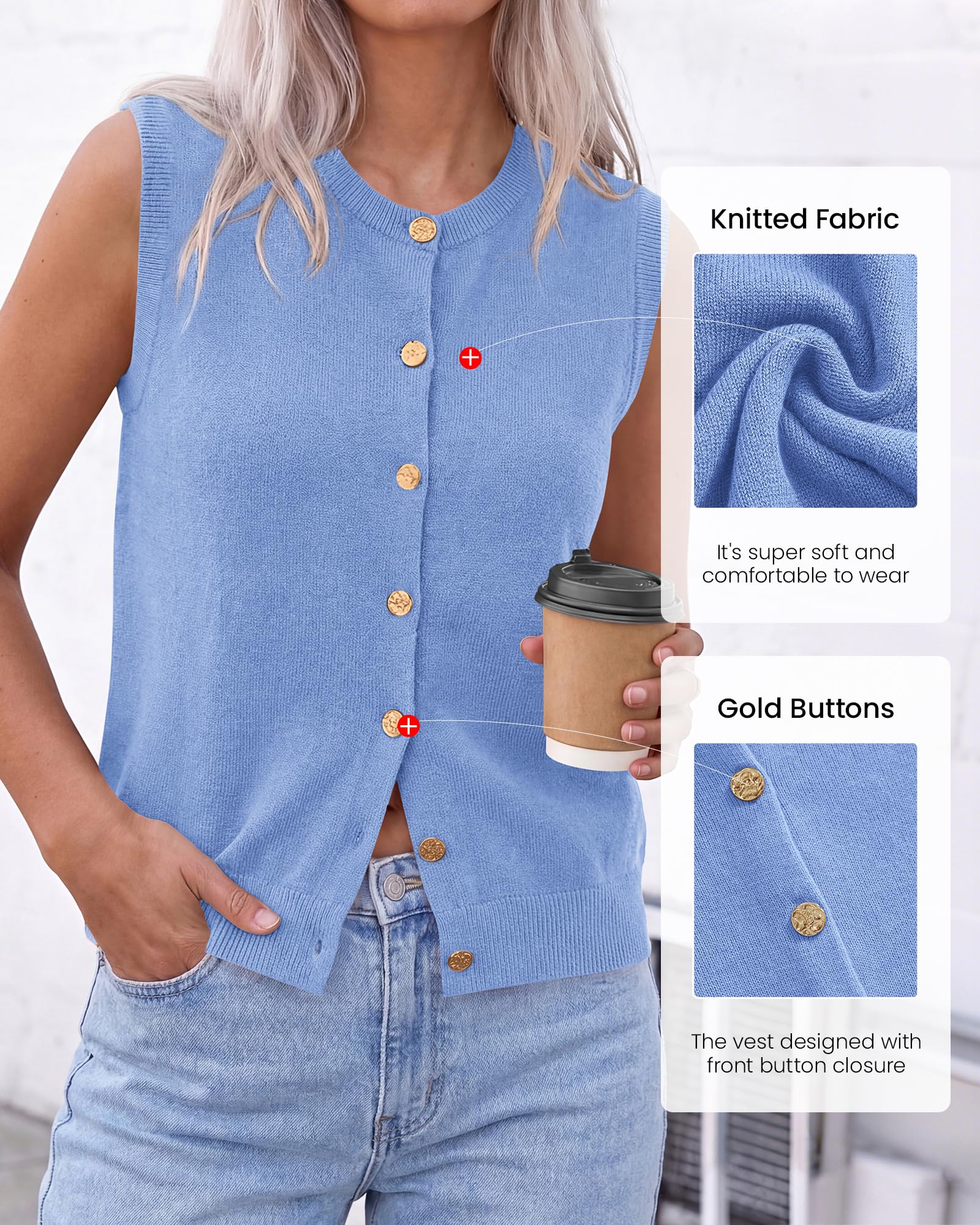BTFBM Sweater Vest Women Casual Crewneck Loose Button Down Knit Sleeveless Cardigan Spring Clothes Summer Vest Tops