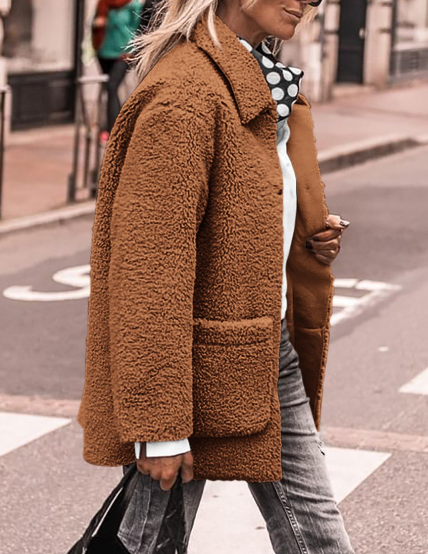 PRETTYGARDEN Women's Winter Faux Fur Coats Long Sleeve Lapel Button Down Pockets Fleece Sherpa Jacket Casual Trendy Outerwear