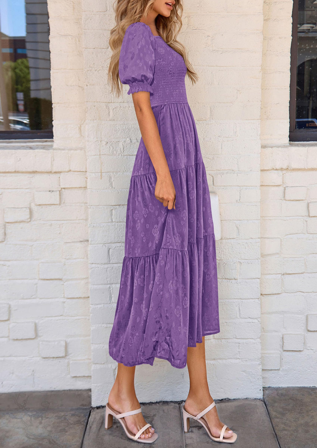 PRETTYGARDEN Women's Summer Casual Midi Dresses Square Neck Short Sleeve Smocked A Line Floral Flowy Elegant Boho Dress