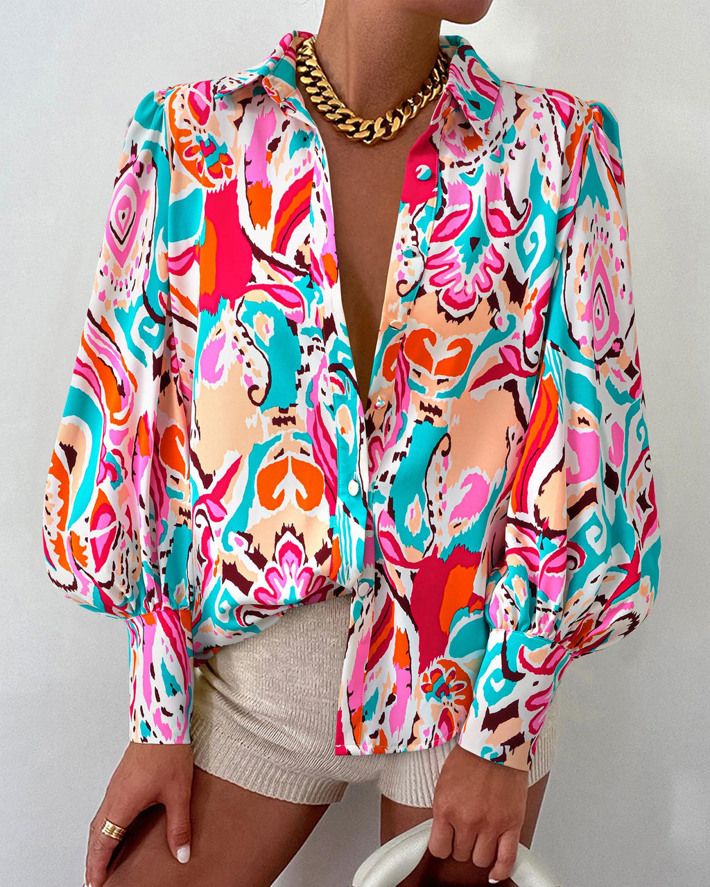 BTFBM Women Fashion Button Down Shirts V Neck Boho Printed Long Sleeve Blouses Dressy Casual Spring Fall Tops