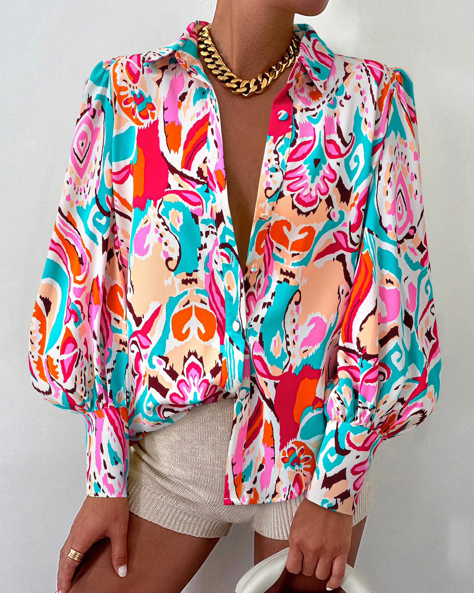 BTFBM Women Fashion Button Down Shirts V Neck Boho Printed Long Sleeve Blouses Dressy Casual Spring Fall Tops