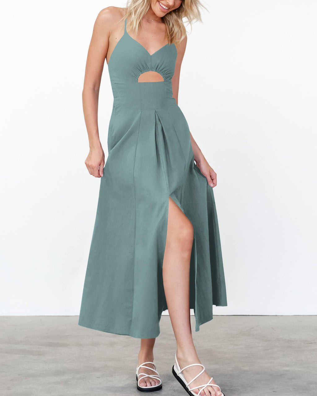 BTFBM Women Spaghetti Strap Midi Summer Dresses Sleeveless V Neck Cutout Slit Casual Beach Party Maxi Dress Pockets