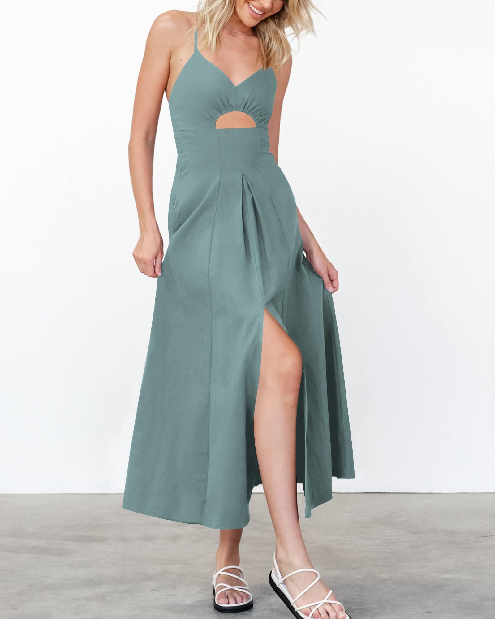 BTFBM Women Spaghetti Strap Midi Summer Dresses Sleeveless V Neck Cutout Slit Casual Beach Party Maxi Dress Pockets
