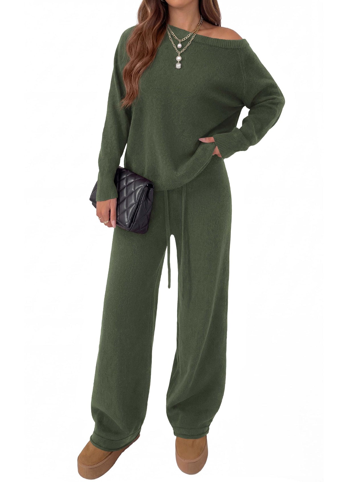 PRETTYGARDEN Lounge Sets Womens Sweaters Two Piece Outfits Cozy Boat Neck Long Sleeve Tops, Wide Leg Pants with Drawstring, Casual Fall Fashion Airport & Travel, Knit Matching Set