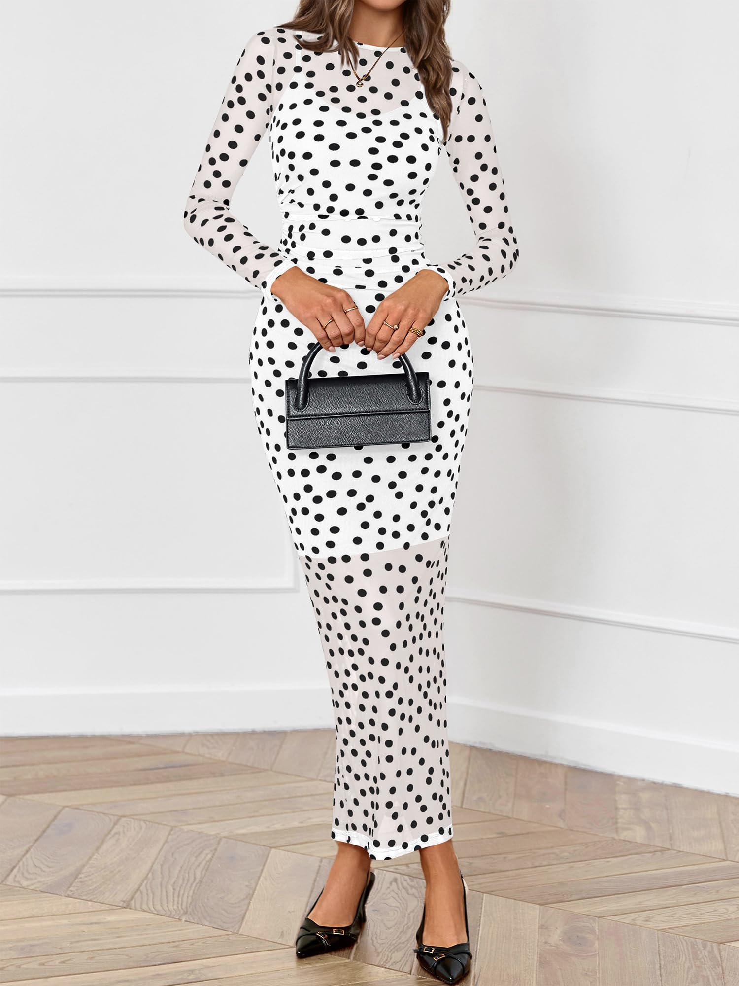 BTFBM Spring Dresses for Women 2 Piece Set Long Sleeve Polka Dot Sexy Bodycon Mesh Dress and Slip Dress Wedding