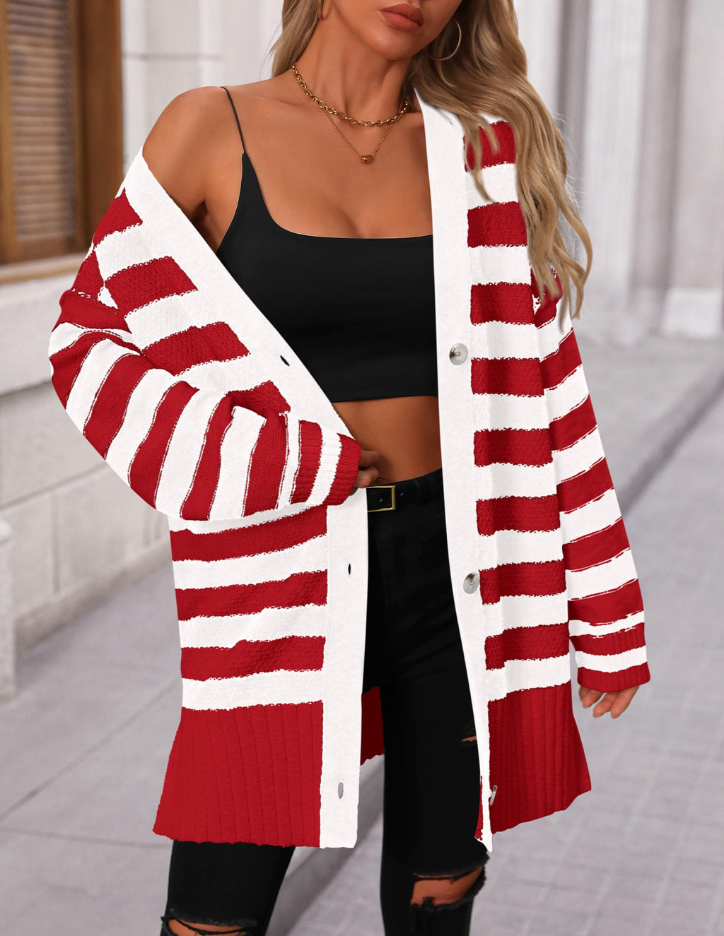 PRETTYGARDEN Women's Winter Striped Cardigan Sweaters Long Sleeve Button Down Open Front Chunky Knit Oversized Sweater Coat