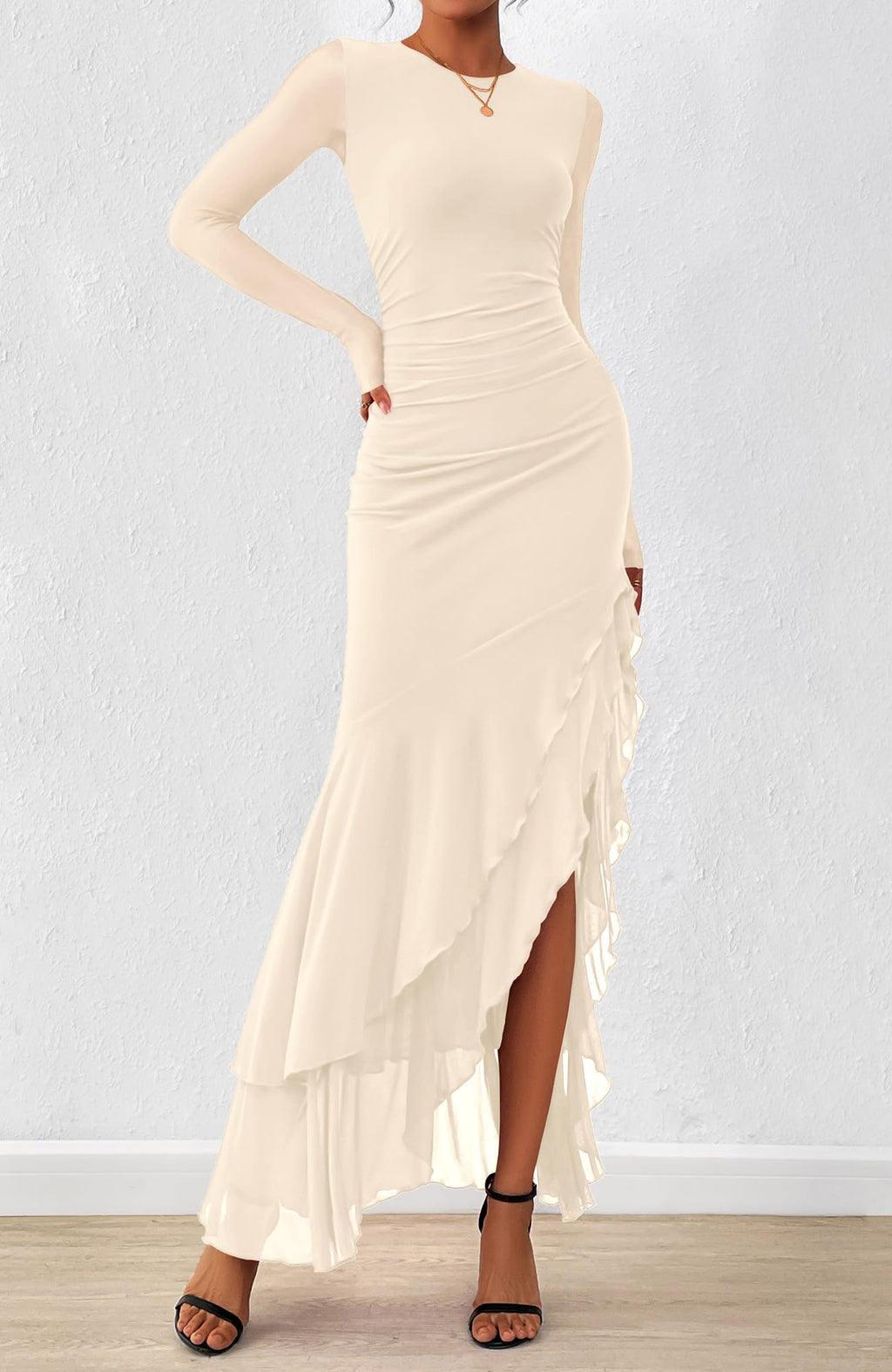 BTFBM Women's Maxi Dresses Fall Long Sleeve Wedding Guest Dress Mesh,Ruched,Bodycon,High Split,Solid Color,Ruffle, Mermaid,Cocktail Dresses,Prom,Party,Homecoming Dress,Fall Outfits