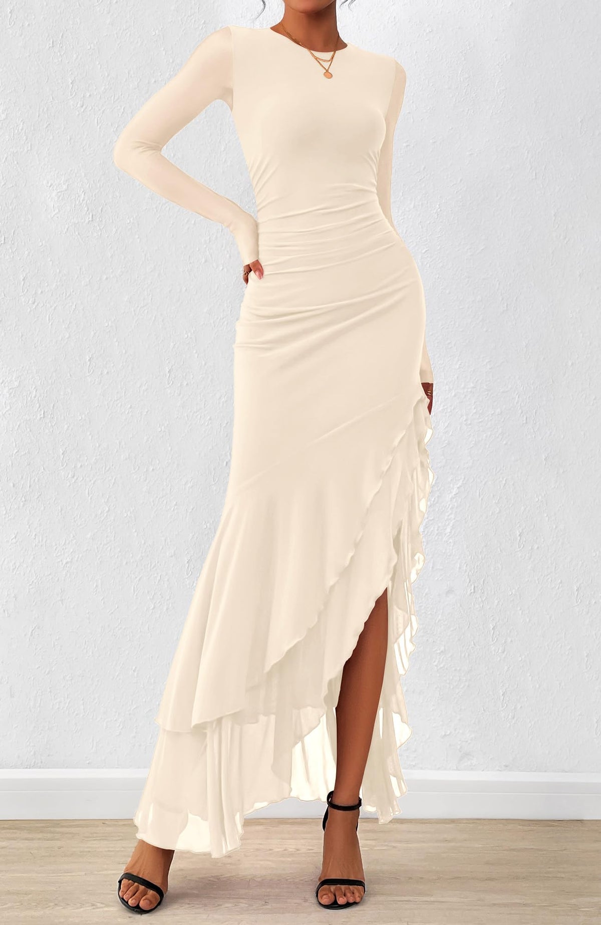 BTFBM Women's Maxi Dresses Fall Long Sleeve Wedding Guest Dress Mesh,Ruched,Bodycon,High Split,Solid Color,Ruffle, Mermaid,Cocktail Dresses,Prom,Party,Homecoming Dress,Fall Outfits