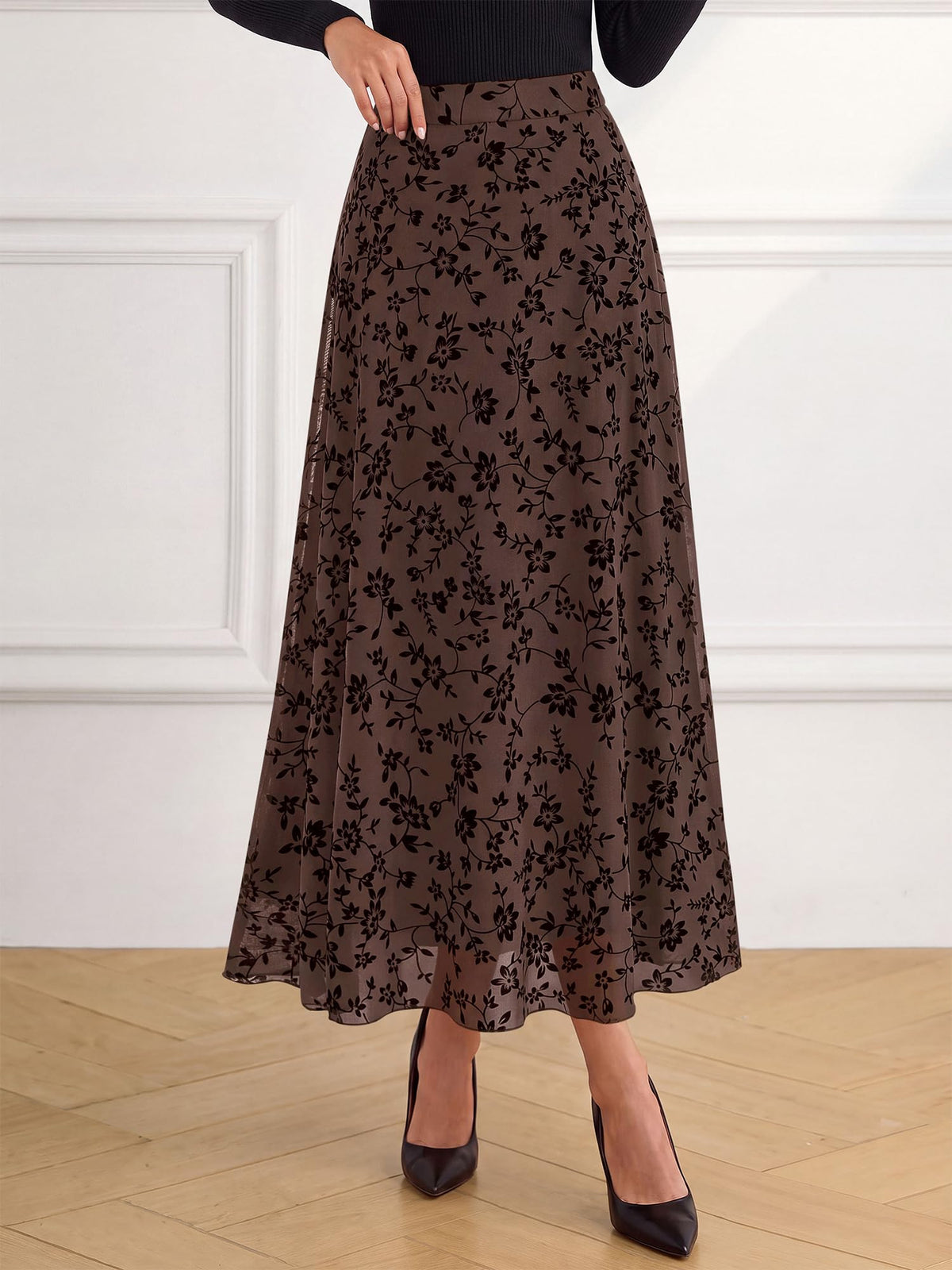 BTFBM Womens Floral Mesh Maxi Skirts Long Tulle Skirt Flowy A Line High Waist Skirts,Velvet-Like Flowers,Flocked Mesh,Double-Layered Skirt,Going Out Outfits,Early Fall Fashion