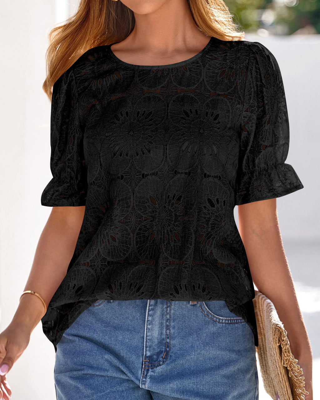 FreshPretty Lace Tops for Women Blouses Dressy Casual Boho Eyelet Puff Short Sleeve Shirts Spring Summer Clothes Vacation Outfits