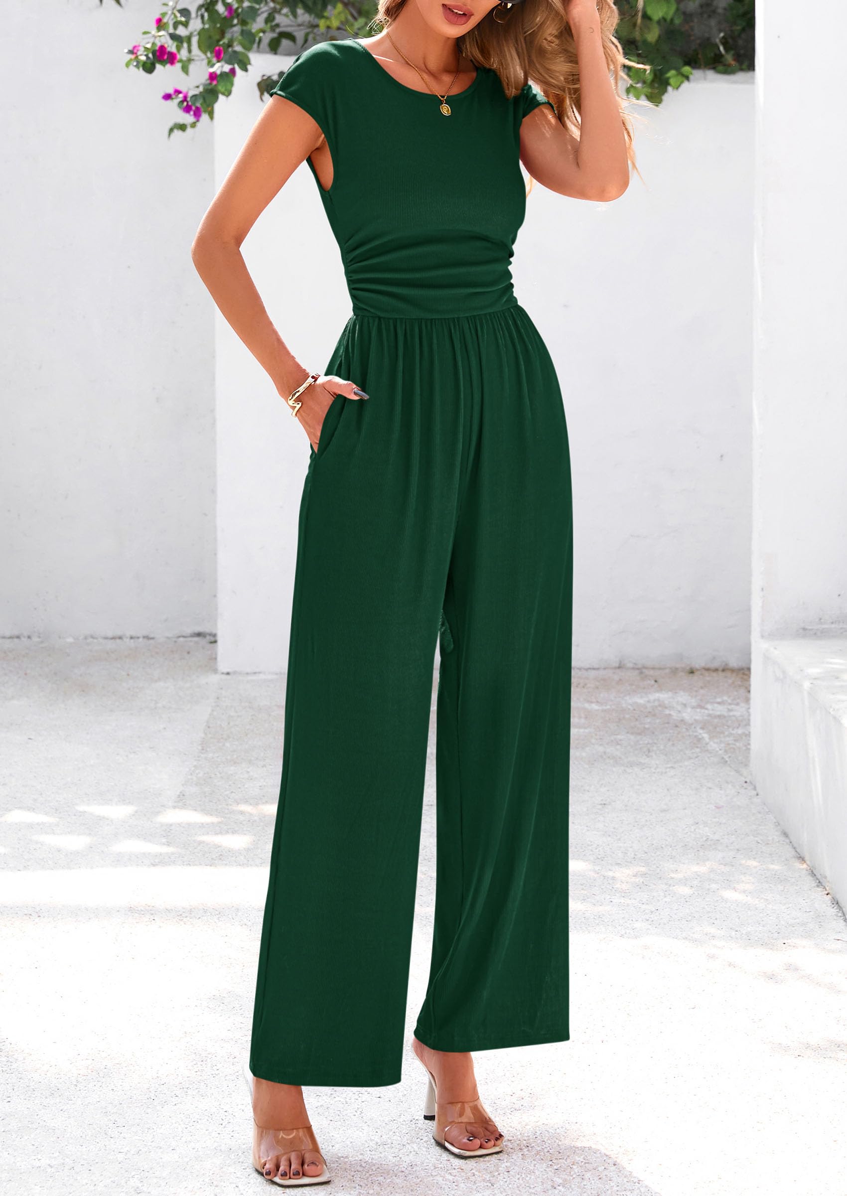 PRETTYGARDEN Summer Jumpsuits for Women Dressy Ribbed Cap Sleeve Wide Leg Pants Rompers Elegant Casual One Piece Outfits