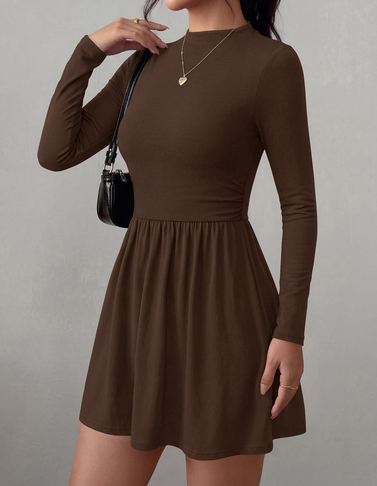 BTFBM Long Sleeve Dresses for Women Mock Neck A Line Flowy Mini Dress Swing Pleated Hem,Cocktail Party Club Holiday Going Out Outfits,Dressy Casual Winter,Trendy Early Fall Fashion Clothing
