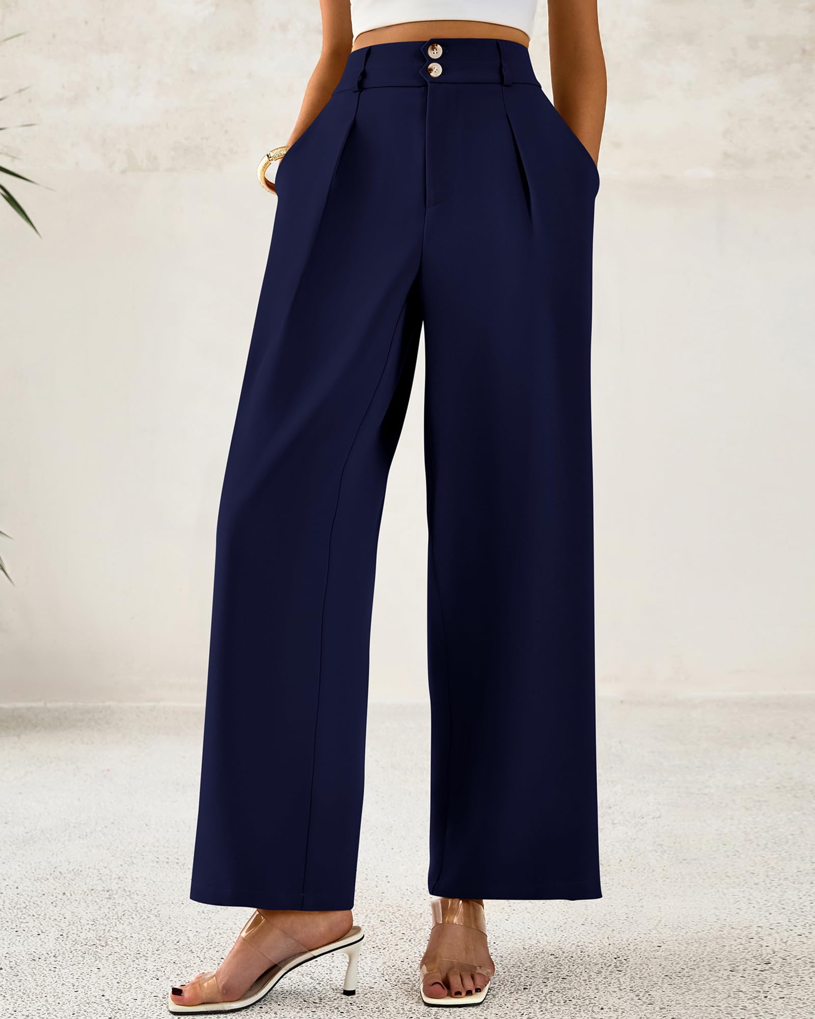 BTFBM Women Wide Leg Dress Pants High Waisted Button Pleated Business Casual Trousers Office Work Palazzo Pants