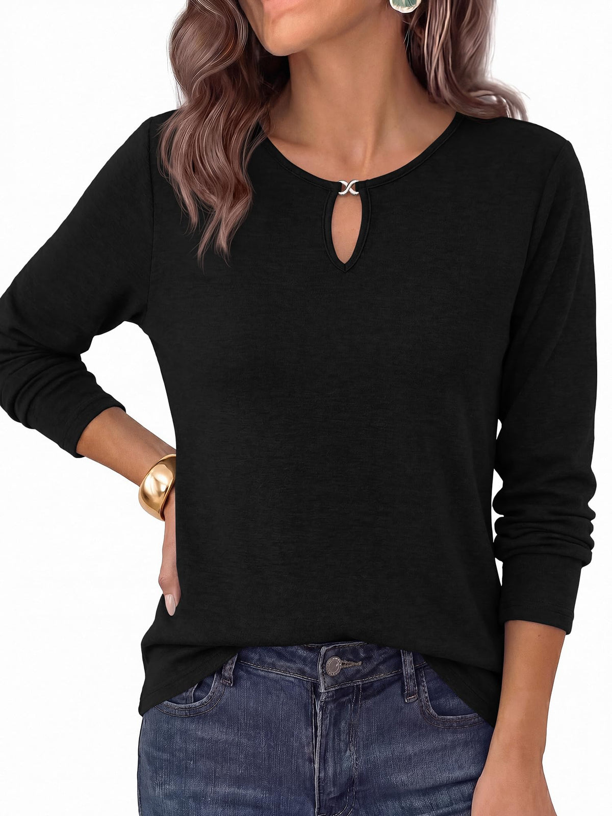 FreshPretty Long Sleeve Shirts for Women Fall Keyhole Crewneck Work Tops,Lightweight Stretchy Soft Knit Tshirt, Business Casual Basic Tees Cute Top,Relaxed Fit Blouse Daily Travel Vacation Outfits