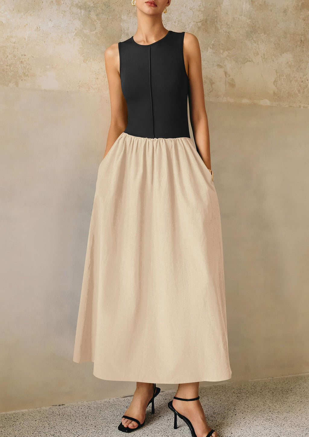 PRETTYGARDEN Maxi Dresses for Women Summer Casual Sleeveless Patchwork Flowy Vacation Sundress Knit Long Work Tank Dress