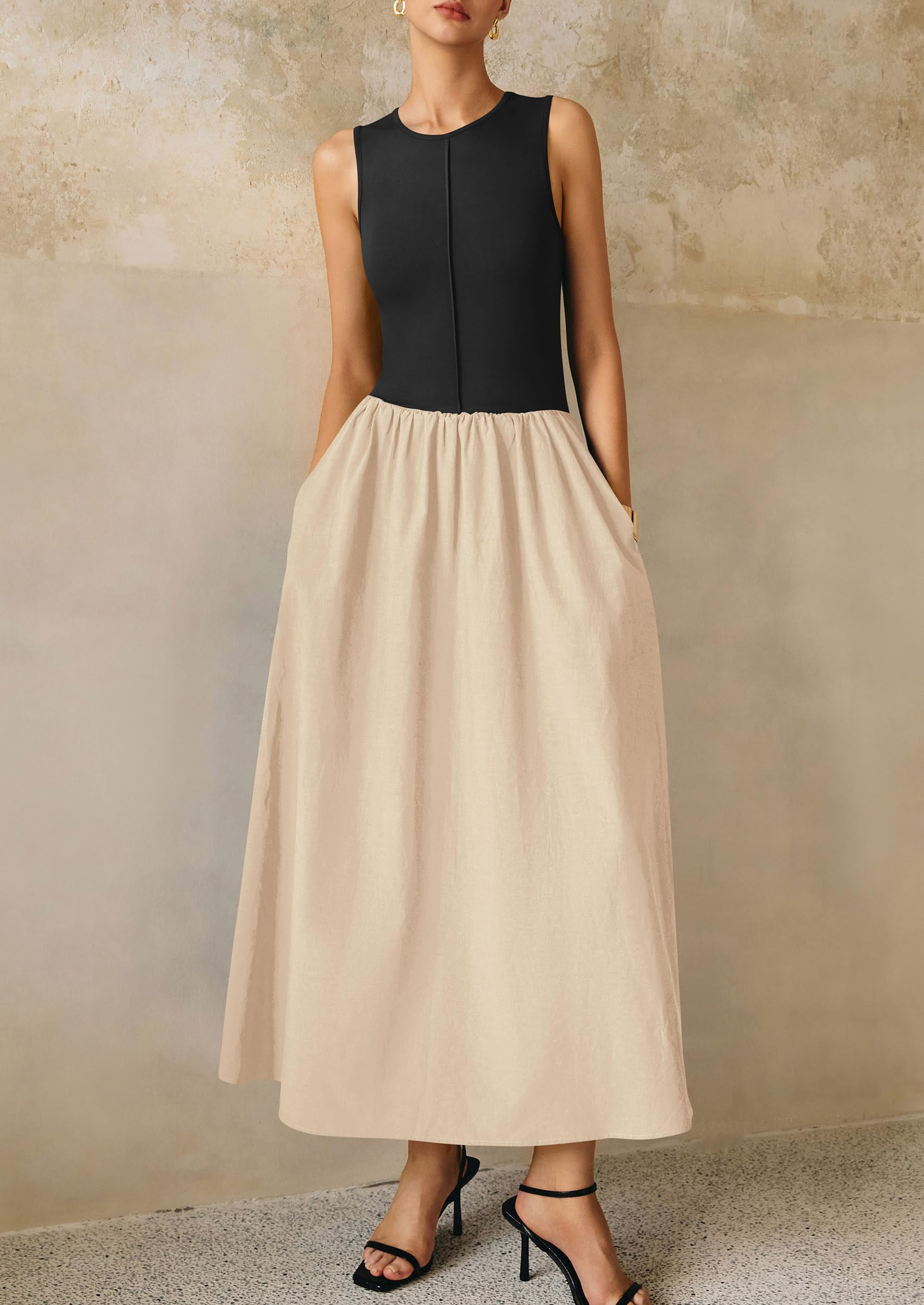 PRETTYGARDEN Maxi Dresses for Women Summer Casual Sleeveless Patchwork Flowy Vacation Sundress Knit Long Work Tank Dress