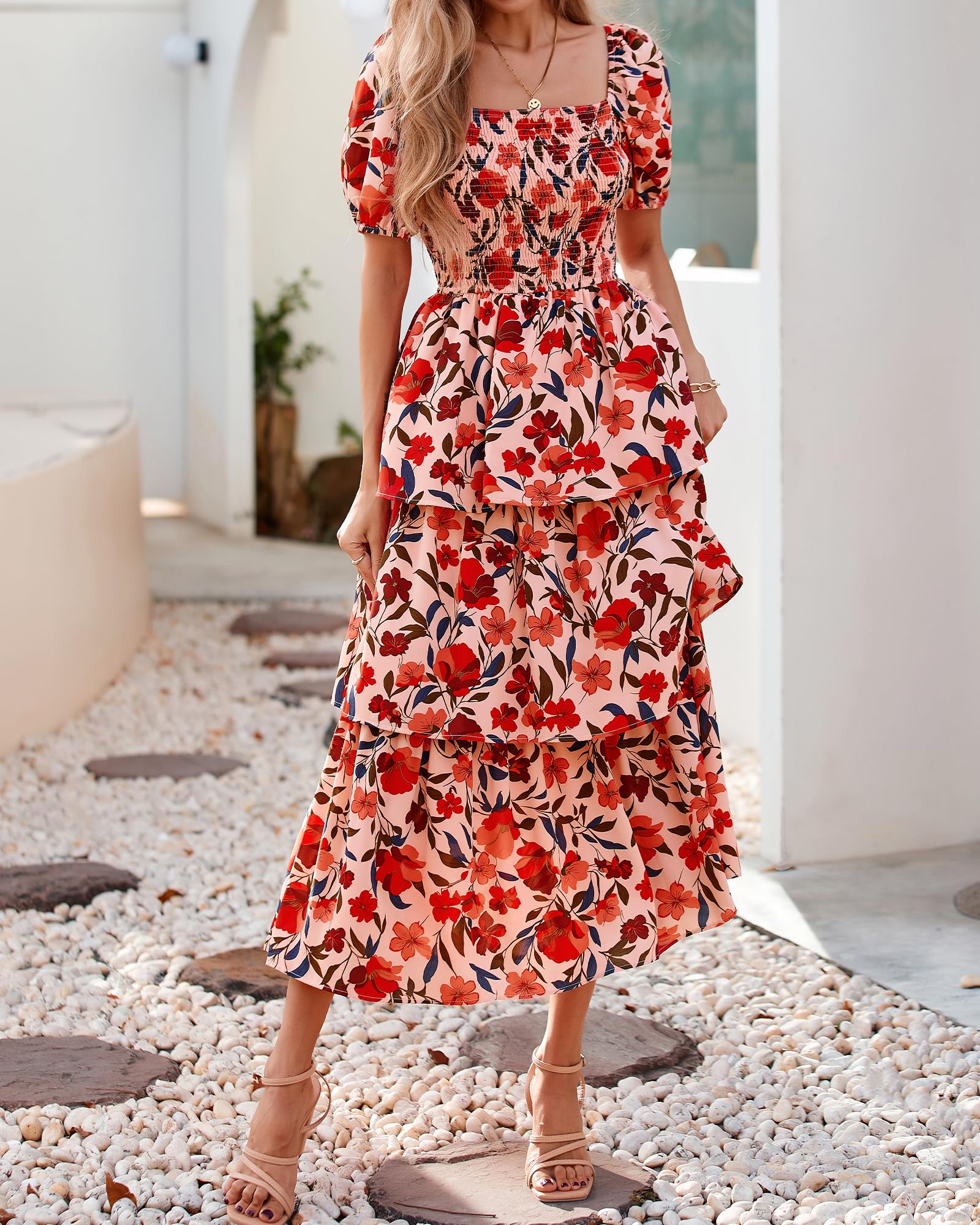 BTFBM Womens Square Neck Smocked Dress Summer Puff Short Sleeve Floral Casual Ruffle Tiered Maxi Wedding Guest Dresses