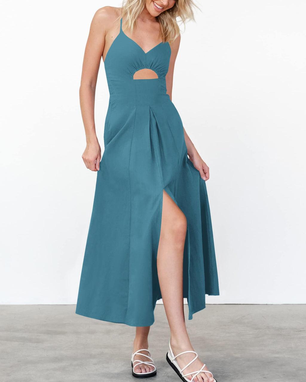 BTFBM Women Spaghetti Strap Midi Summer Dresses Sleeveless V Neck Cutout Slit Casual Beach Party Maxi Dress Pockets