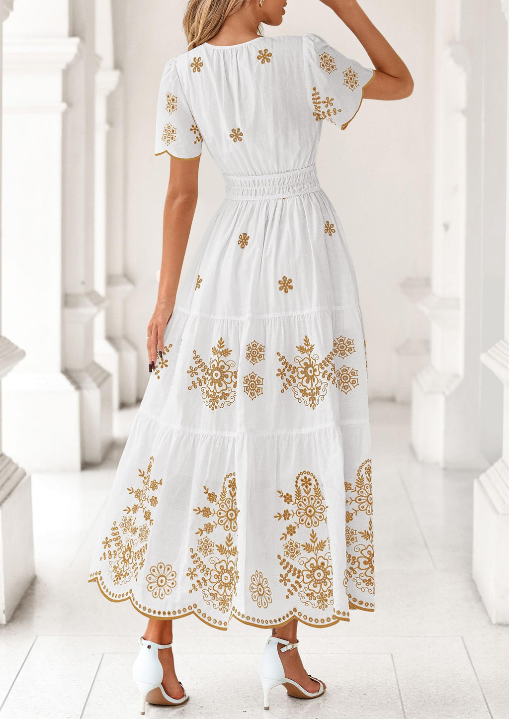 PRETTYGARDEN Boho Dresses for Women Summer Spring Casual Floral Short Sleeve V Neck Maxi Elastic Waist Dress Pockets