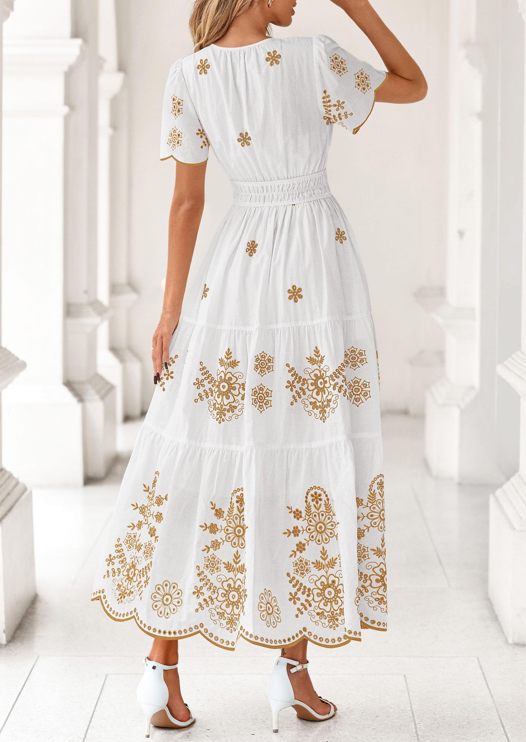 PRETTYGARDEN Boho Dresses for Women Summer Spring Casual Floral Short Sleeve V Neck Maxi Elastic Waist Dress Pockets