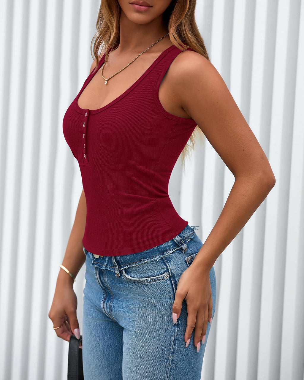 FreshPretty Spring Tops for Women Summer Scoop Neck Ribbed Henley Button Sleeveless Casual Basic Tank Top Clothes Outfits