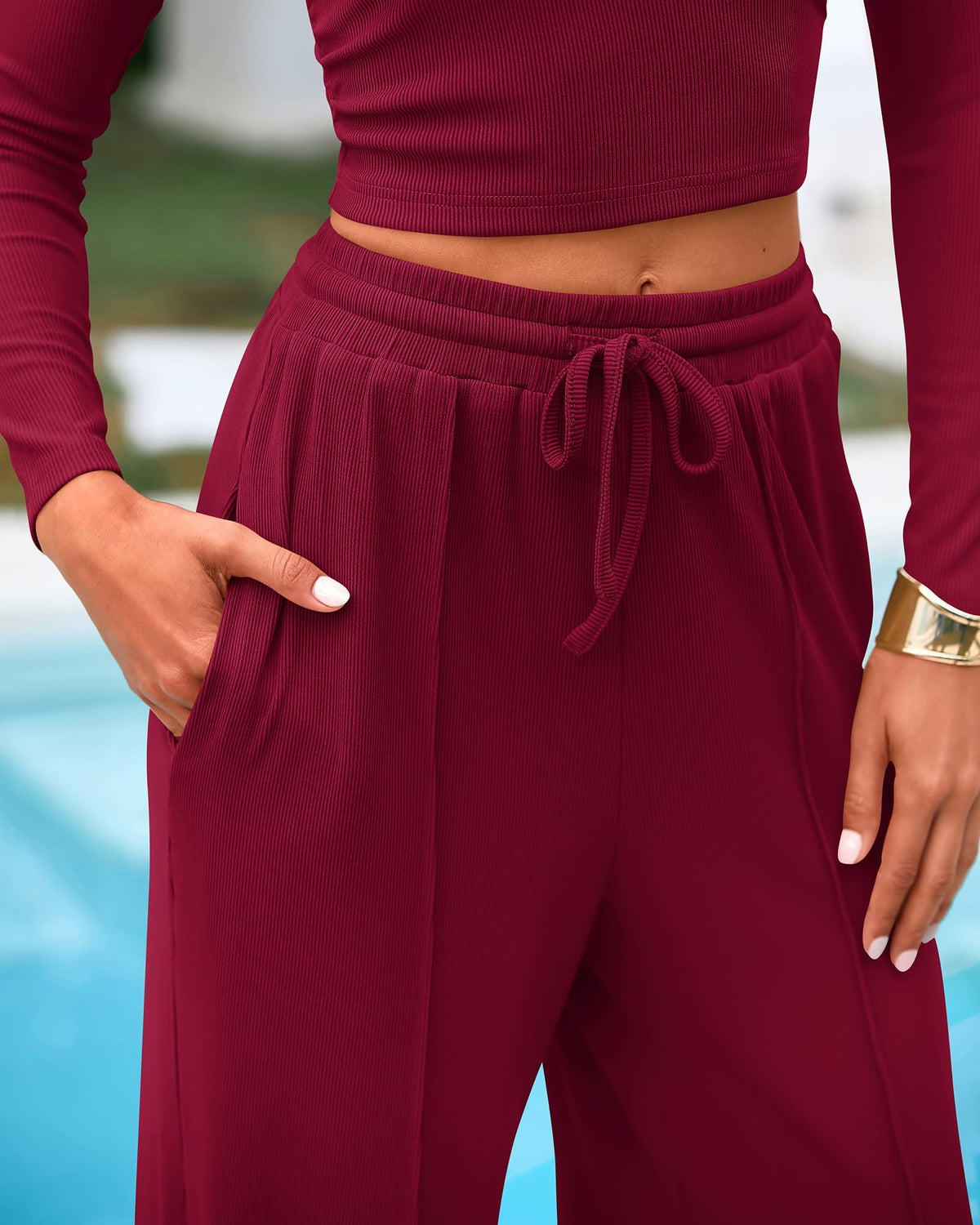 BTFBM Casual 2 Piece Sets For Women Fall Outfits Ribbed Spring Long Sleeve Crop Top Wide Leg Pants Matching Lounge Set