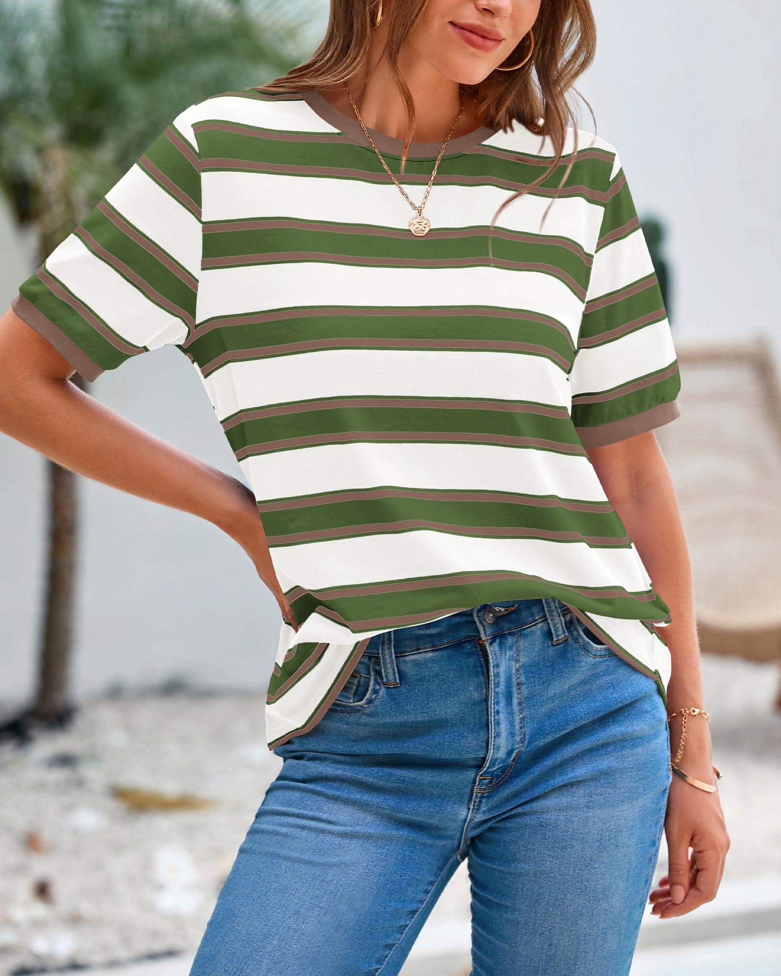 BTFBM Summer Tops for Women Crewneck Short Sleeve Striped T Shirts Casual Spring Clothes Color Block Basic Tee Blouses