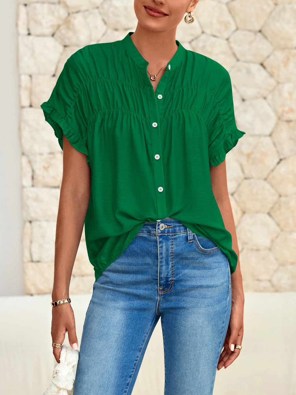 FreshPretty Womens Button Down Shirts Ruffle Short Sleeve Loose Summer Tops Dressy Casual V Neck Business Work Blouses