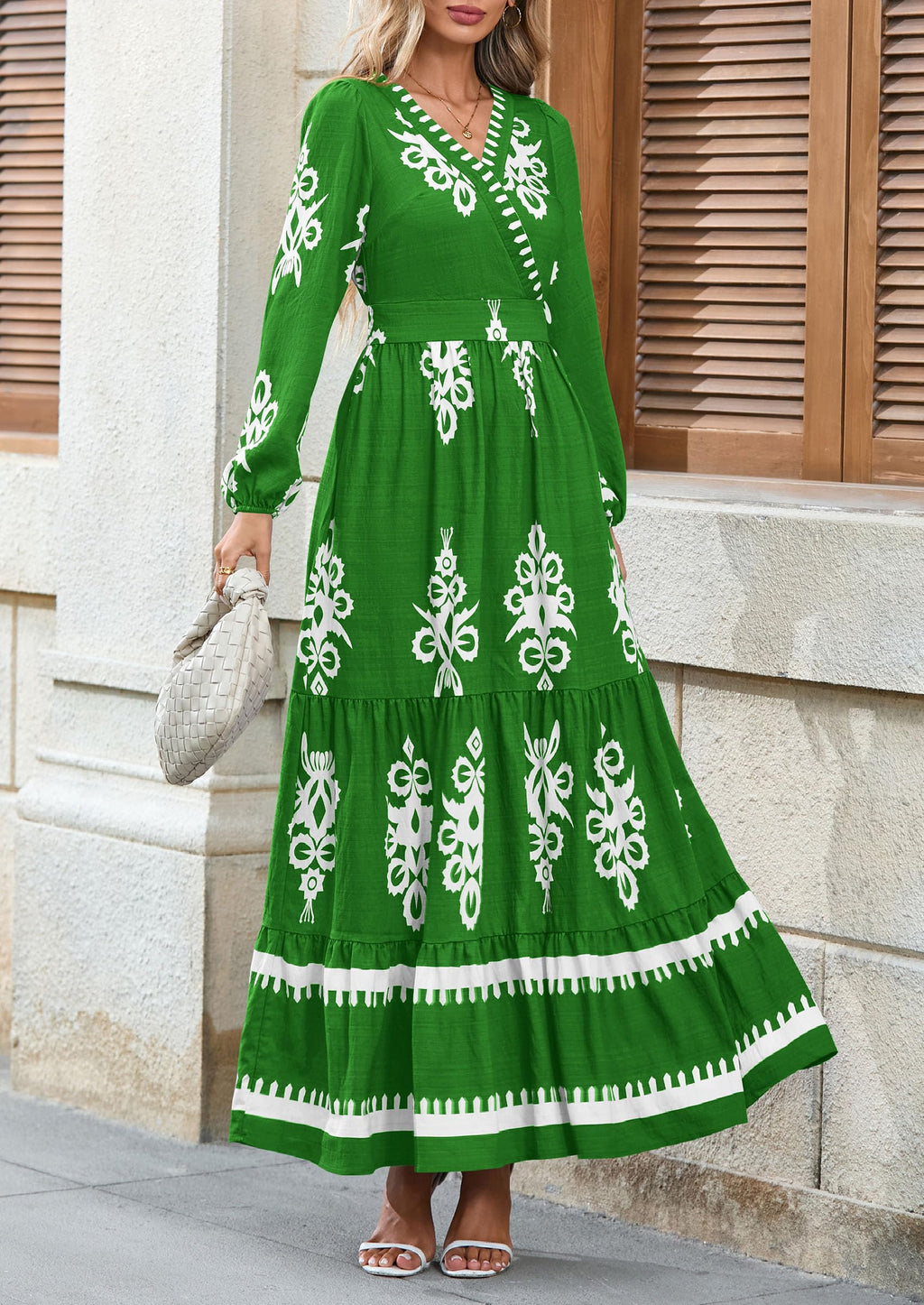 PRETTYGARDEN Women's Fall Wedding Guest Dresses Boho Floral Long Sleeve V Neck Flowy Elegant Maxi Dress Beach Clothes