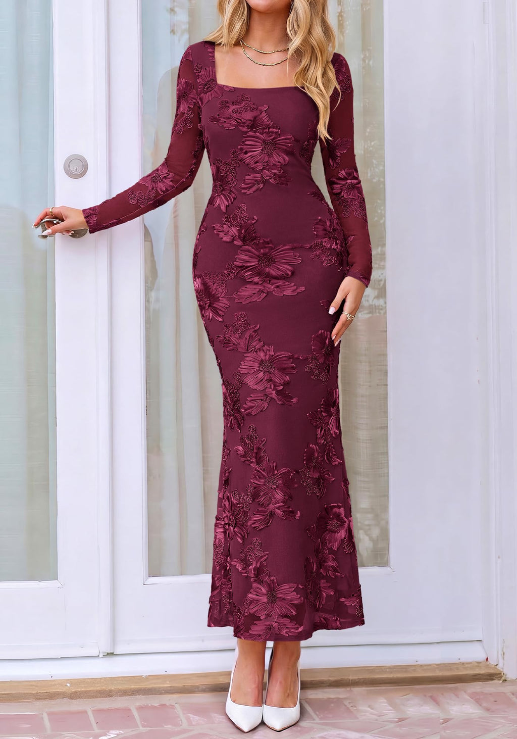 BTFBM Womens Long Sleeve Bodycon Floral Mesh Maxi Fall Wedding Guest Dress Semi Formal Dresses For Bridal Shower, Engagement, Cocktail, Homecoming, Prom, Birthday Party, Date Night Outfits, Lined
