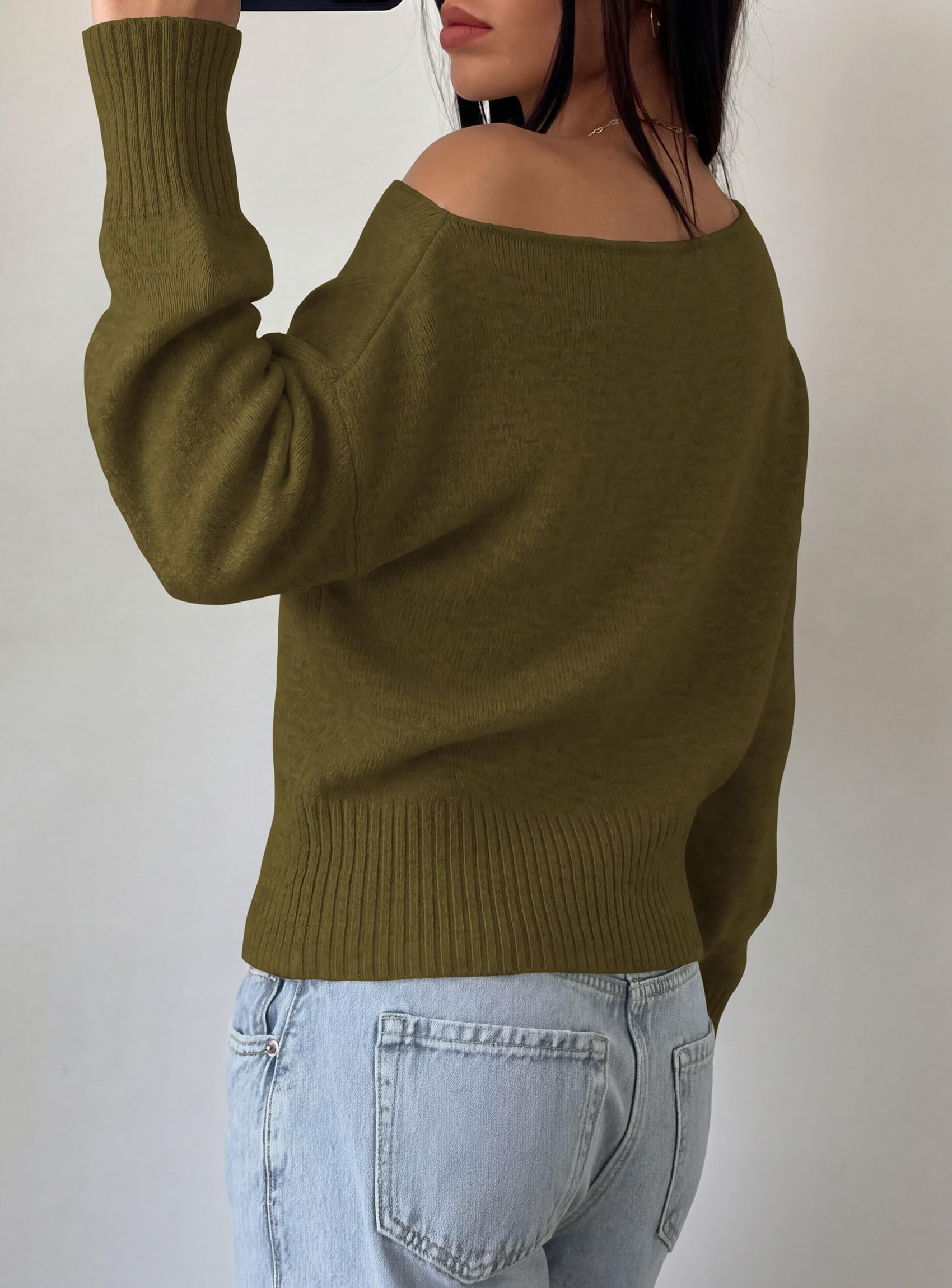 PRETTYGARDEN Womens Off The Shoulder Sweater Fall Fashion Soft Stretchy Knit Fabric, Batwing Long Sleeve Cinched Waist Cropped Sweaters, Date Night Outfit, Asymmetrical Going Out Tops