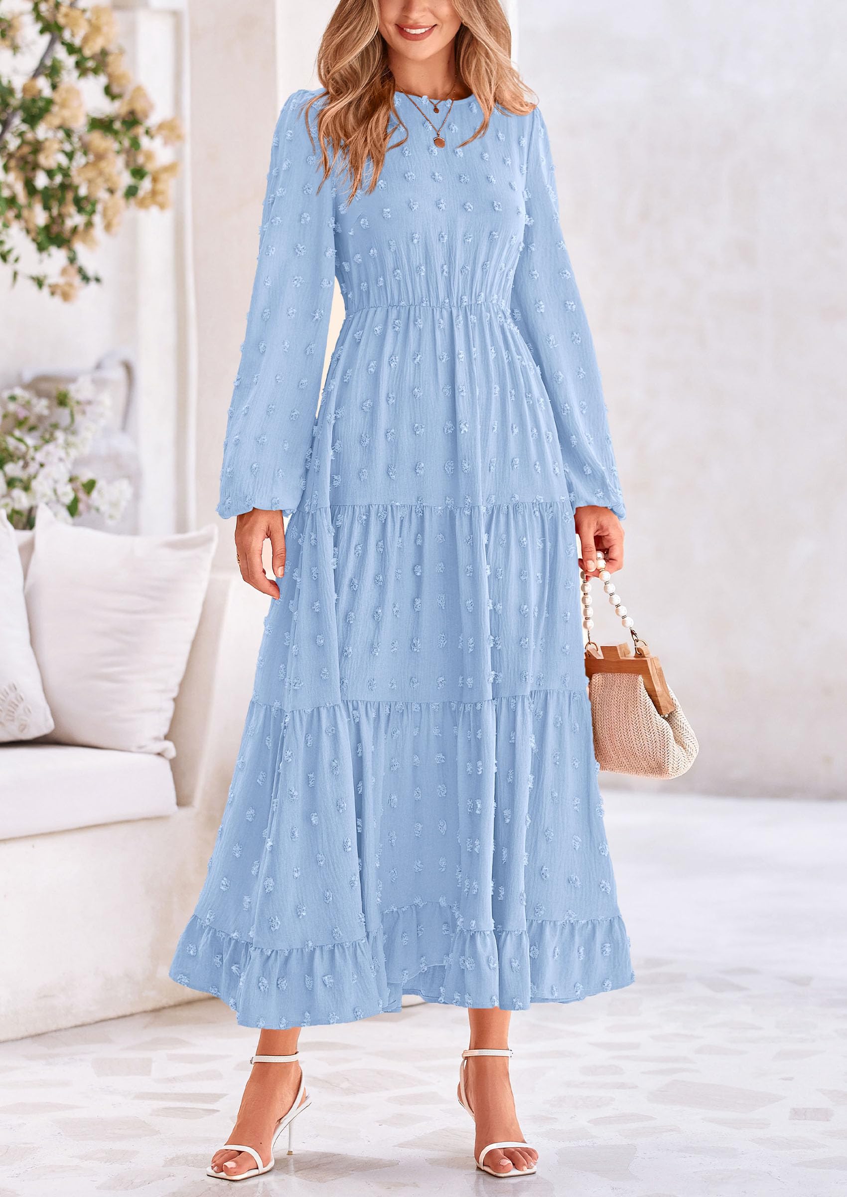 PRETTYGARDEN Women's Fall Spring Elegant Long Sleeve Maxi Dress Swiss Dot A Line Flowy Casual Holiday Party Going Out Dresses