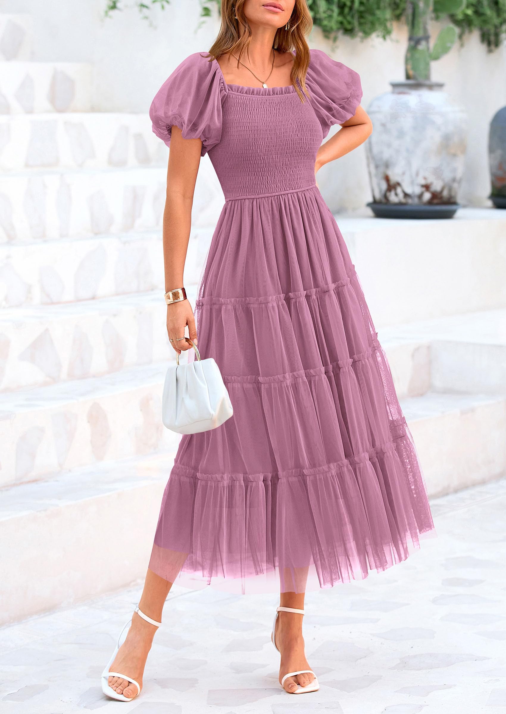 PRETTYGARDEN Women's Smocked Midi Tulle Dress  Summer Puffy Short Sleeve Square Neck Ruffle Wedding Guest Party Dresses