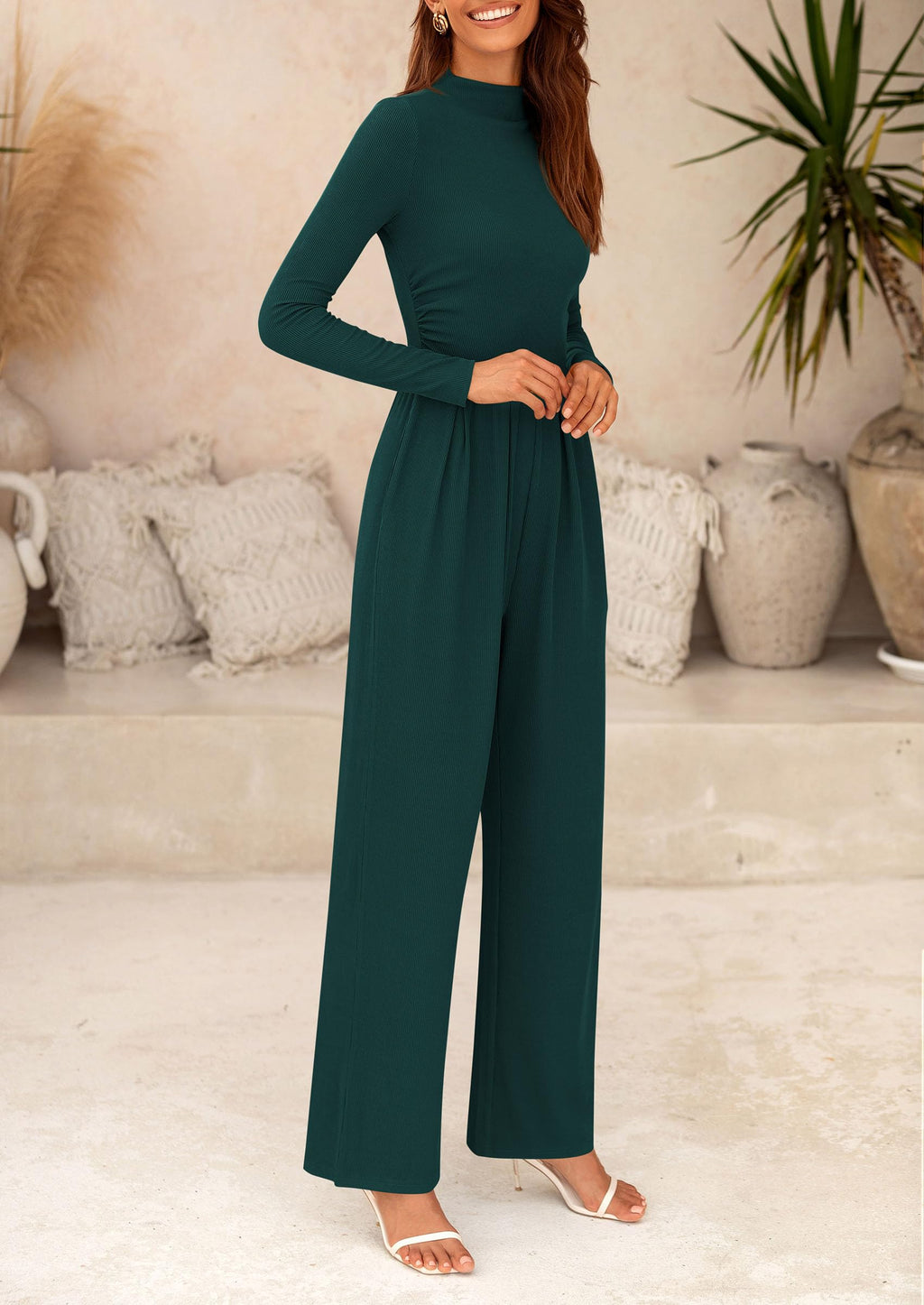 PRETTYGARDEN Womens Jumpsuit Dressy Casual Spring Fall Fashion One Piece Outfits Long Sleeve Mock Neck Wide Leg Pants Rompers