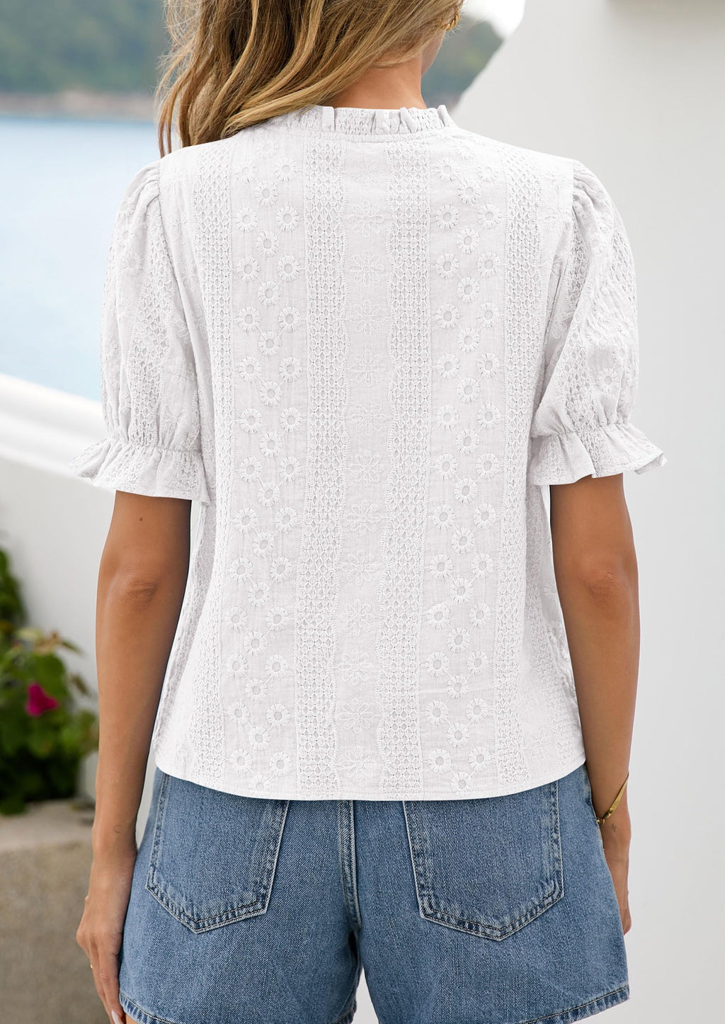 PRETTYGARDEN Womens Puff Short Sleeve Tops  Summer Spring Button Down Boho Embroidered Cute Blouse Dressy Casual Shirts