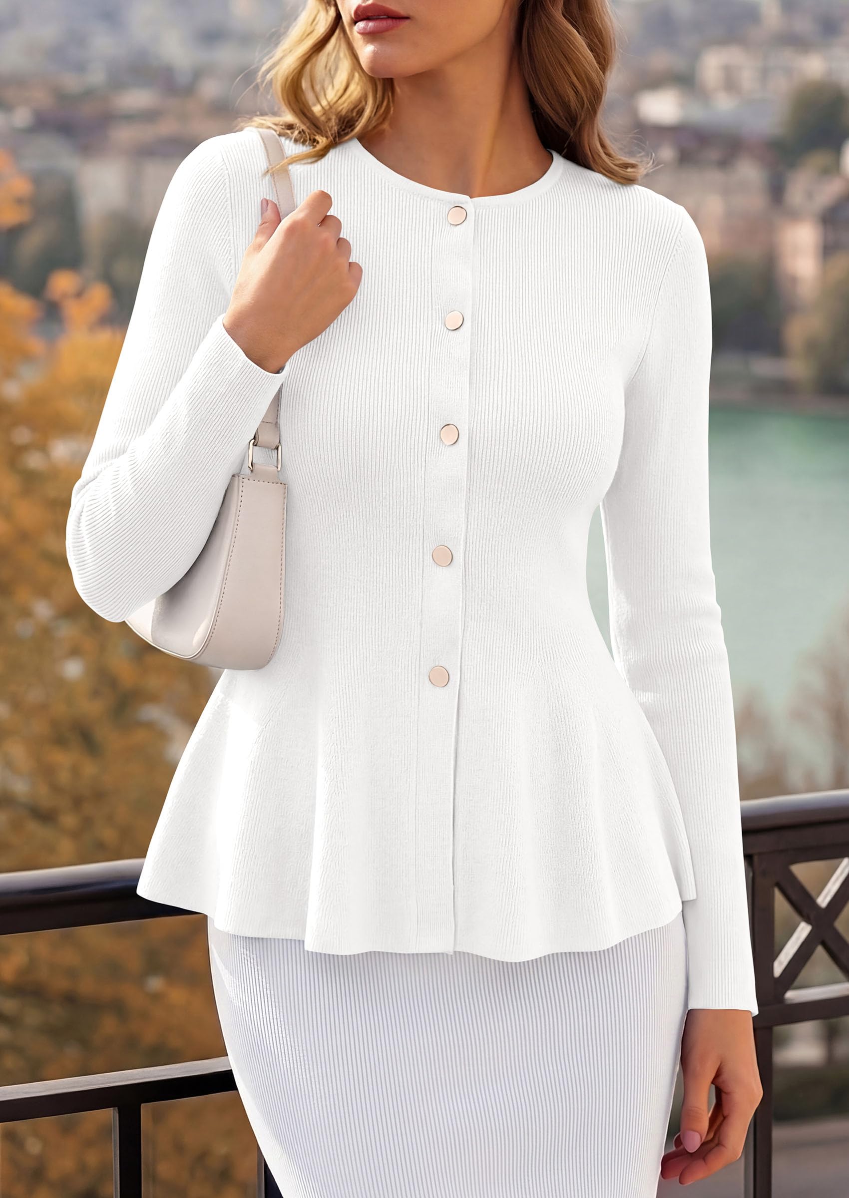PRETTYGARDEN Women's Fall Lightweight Cardigan Sweaters | Long Sleeve Peplum Tops, Button Up, Slim Fitted, Flared Hem, Soft Ribbed Knit, Business Casual Outfits, Winter Trendy Clothes