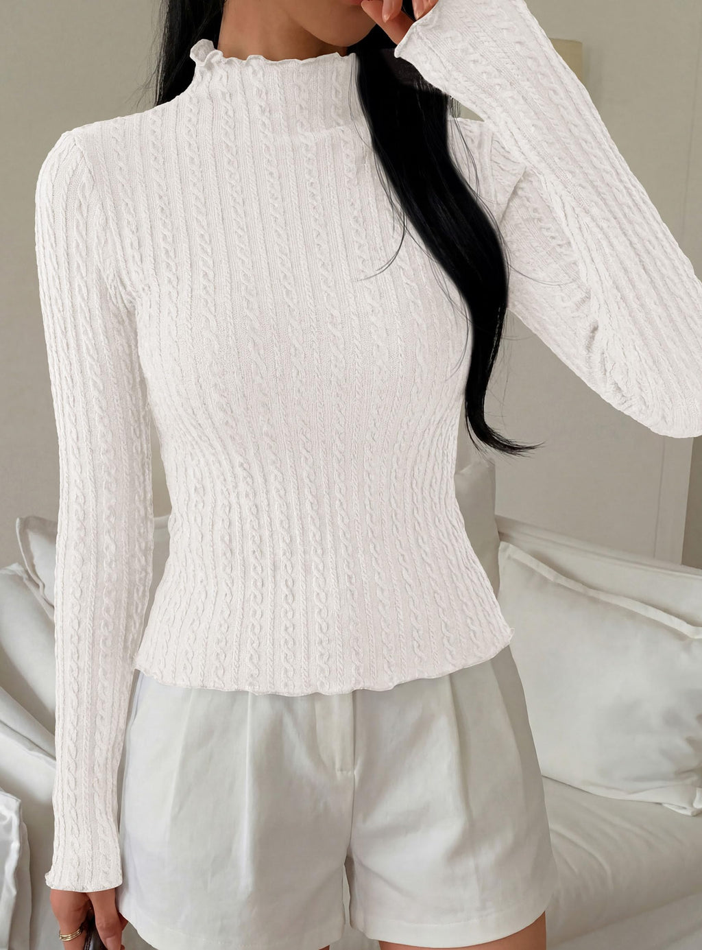 PRETTYGARDEN Women's Fall Long Sleeve Fitted Shirts | Comfy Stretchy Cable Knit, Trendy Lettuce Trim Mock Neck, Casual Basic Tees, Cute Layering Tops, 2026 Fashion Clothing