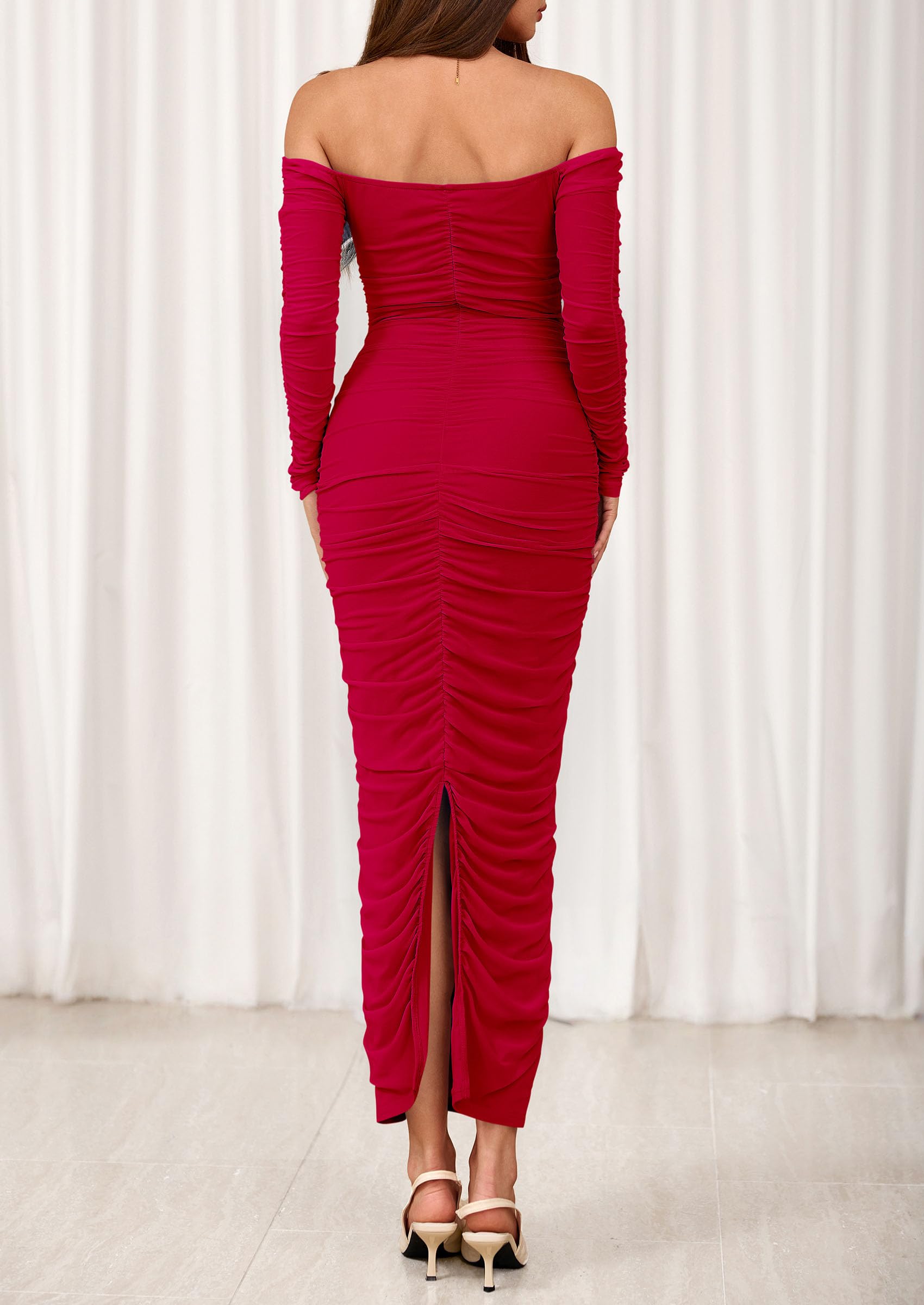 PRETTYGARDEN Womens Fall Long Sleeve Maxi Dress Off Shoulder Mesh Ruched Bodycon Trendy Long Wedding Guest Dresses