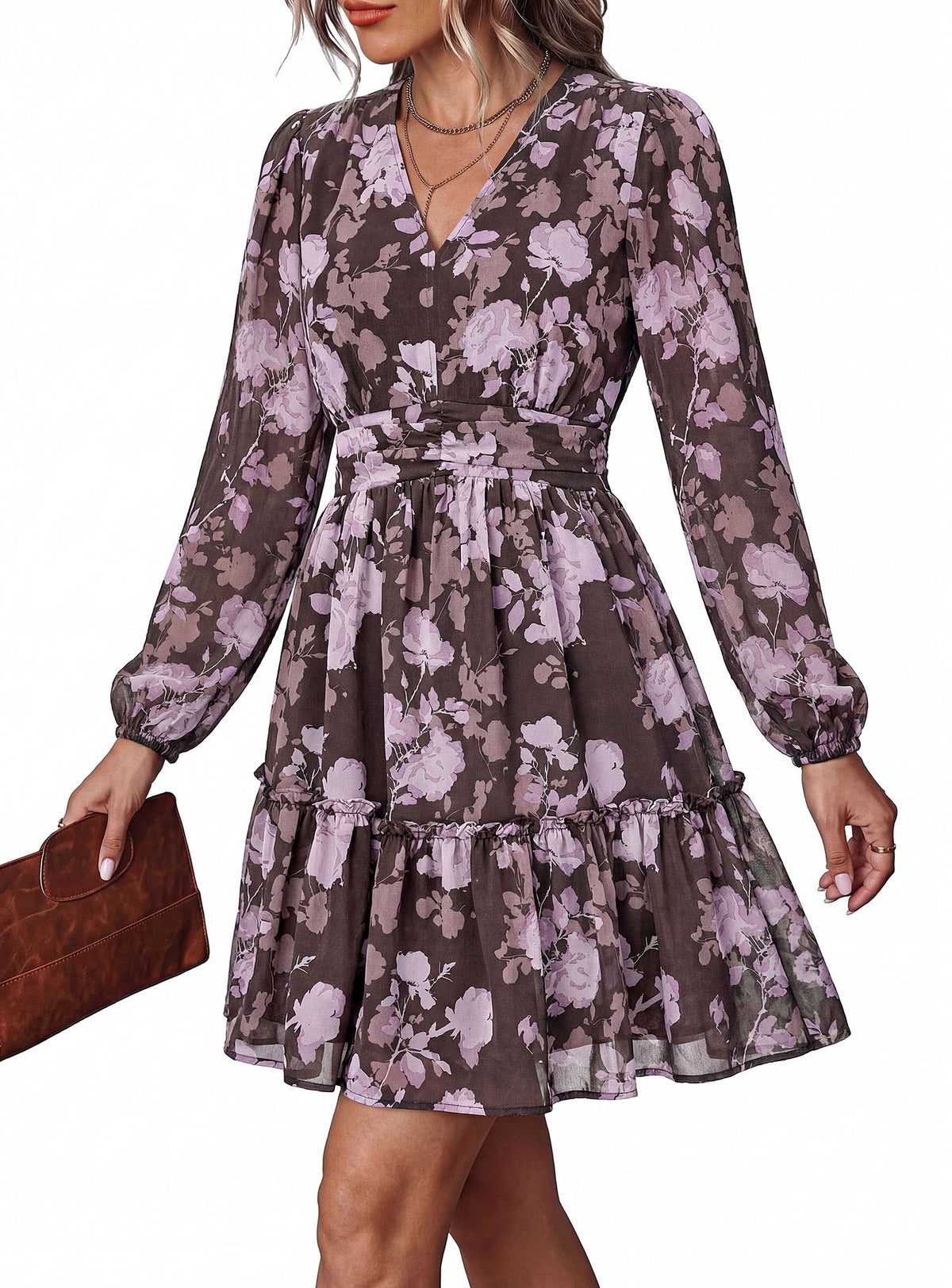 PRETTYGARDEN Women Floral Long Sleeve Mini Dress | Fall Wedding Guest Dresses, V Neck, Fit & Flare, Ruffle Hem A-Line, Short Chiffon Dress, Elegant Holiday Party, Date Outfits