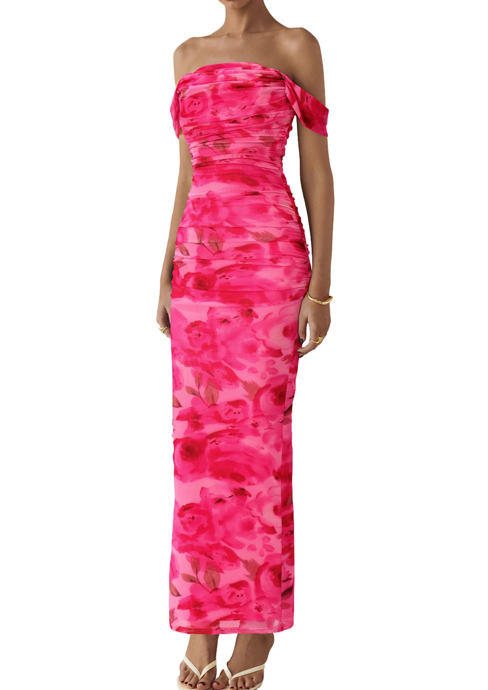 PRETTYGARDEN Cocktail Dresses for Women Summer Floral Off Shoulder Ruched Mesh Elegant Wedding Guest Maxi Dress