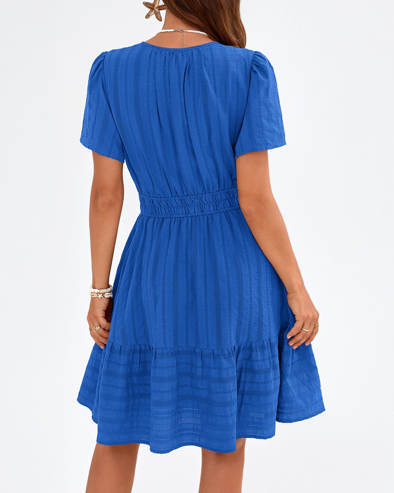 BTFBM Womens Spring  Casual Mini Dresses Lightweight Short Sleeve V Neck Elastic Waist Cute Boho Beach Dress Pockets