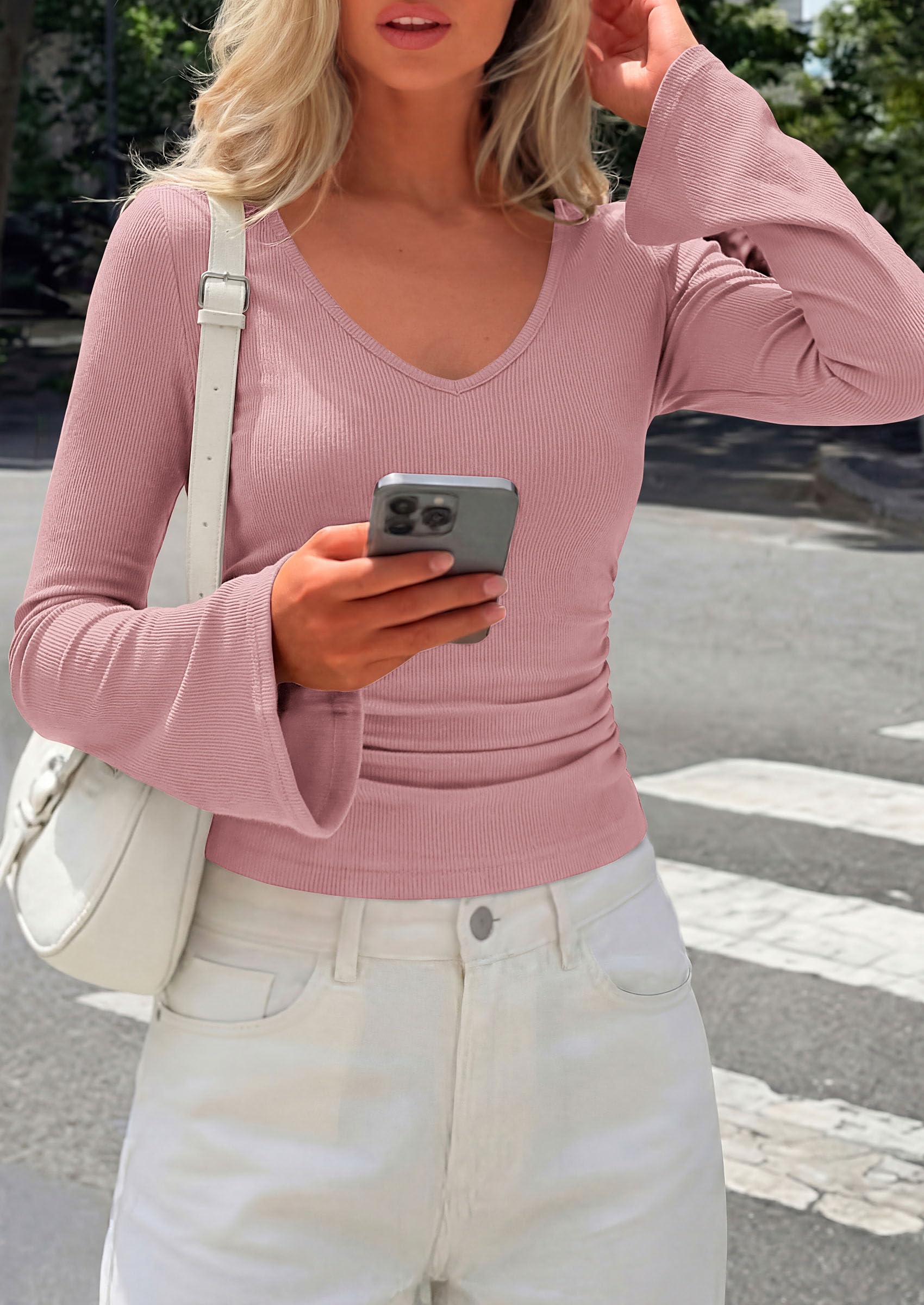 PRETTYGARDEN Women's Fall Trendy Bell Long Sleeve Tops | Soft Stretchy,Ribbed Textured,V Neck,Slim Fitted Shirts,Ruched Basic Tees,Y2K Going Out,Casual Outfits,Fashion Clothing