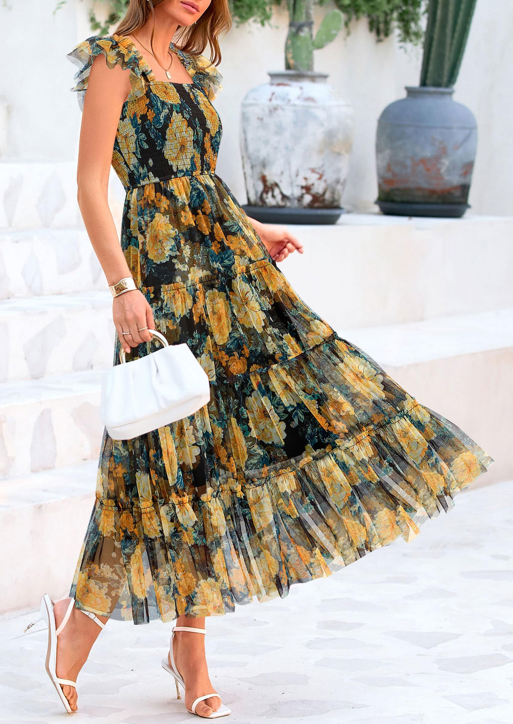 PRETTYGARDEN Women's Summer Tulle Midi Dress Sleeveless Smocked Ruffle Flowy Mesh Dresses Party Wedding Guest Sundress