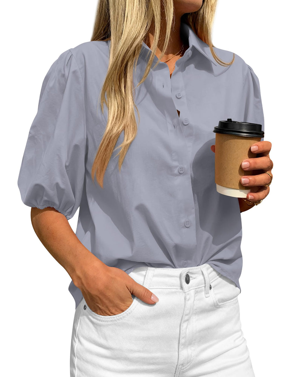 BTFBM Women's Button Down Shirts Short Puff Sleeve Collared V Nec Summer Tops Dressy Casual Work Business Blouses