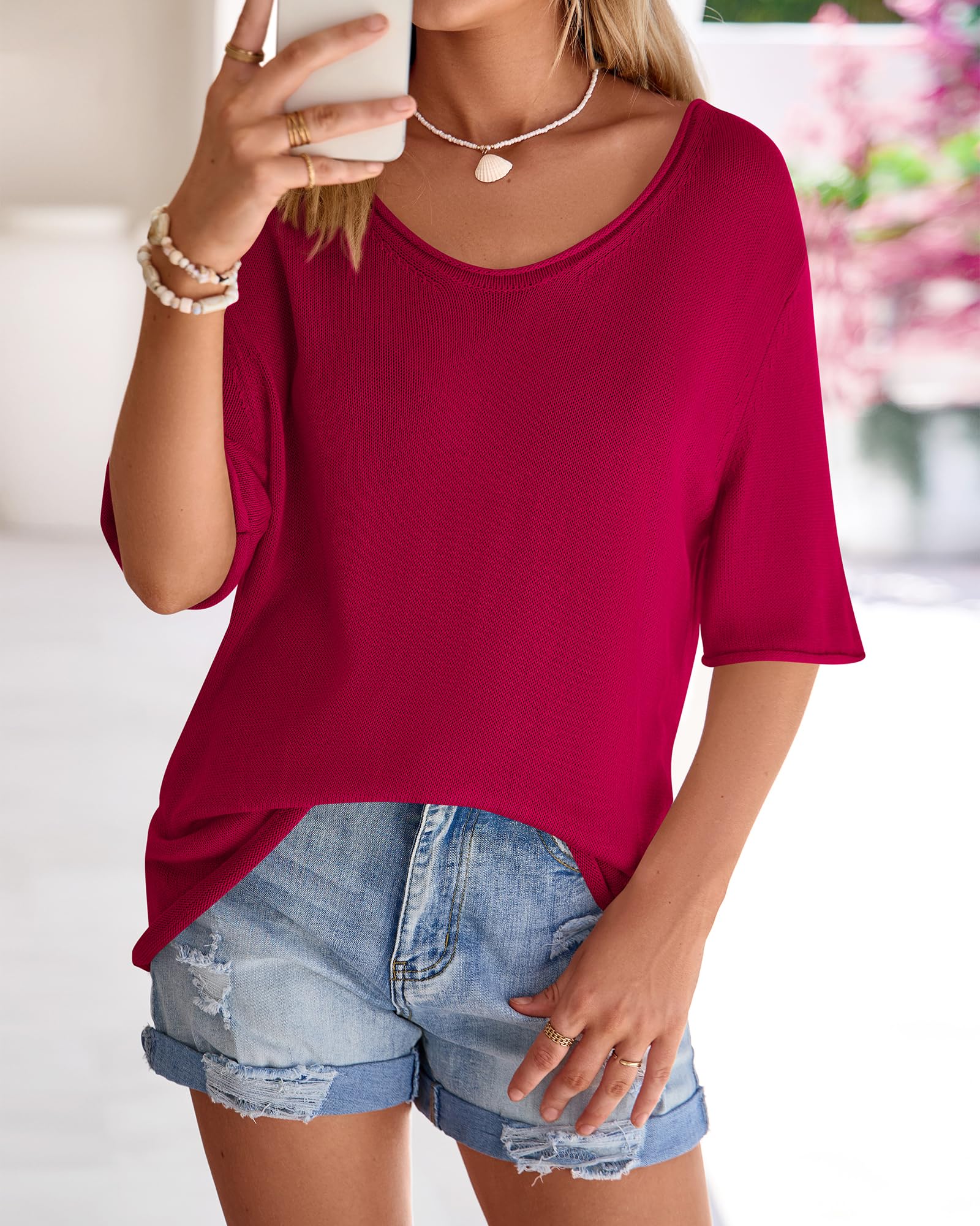 FreshPretty Sweaters for Women Summer Oversized Half Short Sleeve Knitted Pullover V Neck‌ Casual Loose Fit Spring Tops