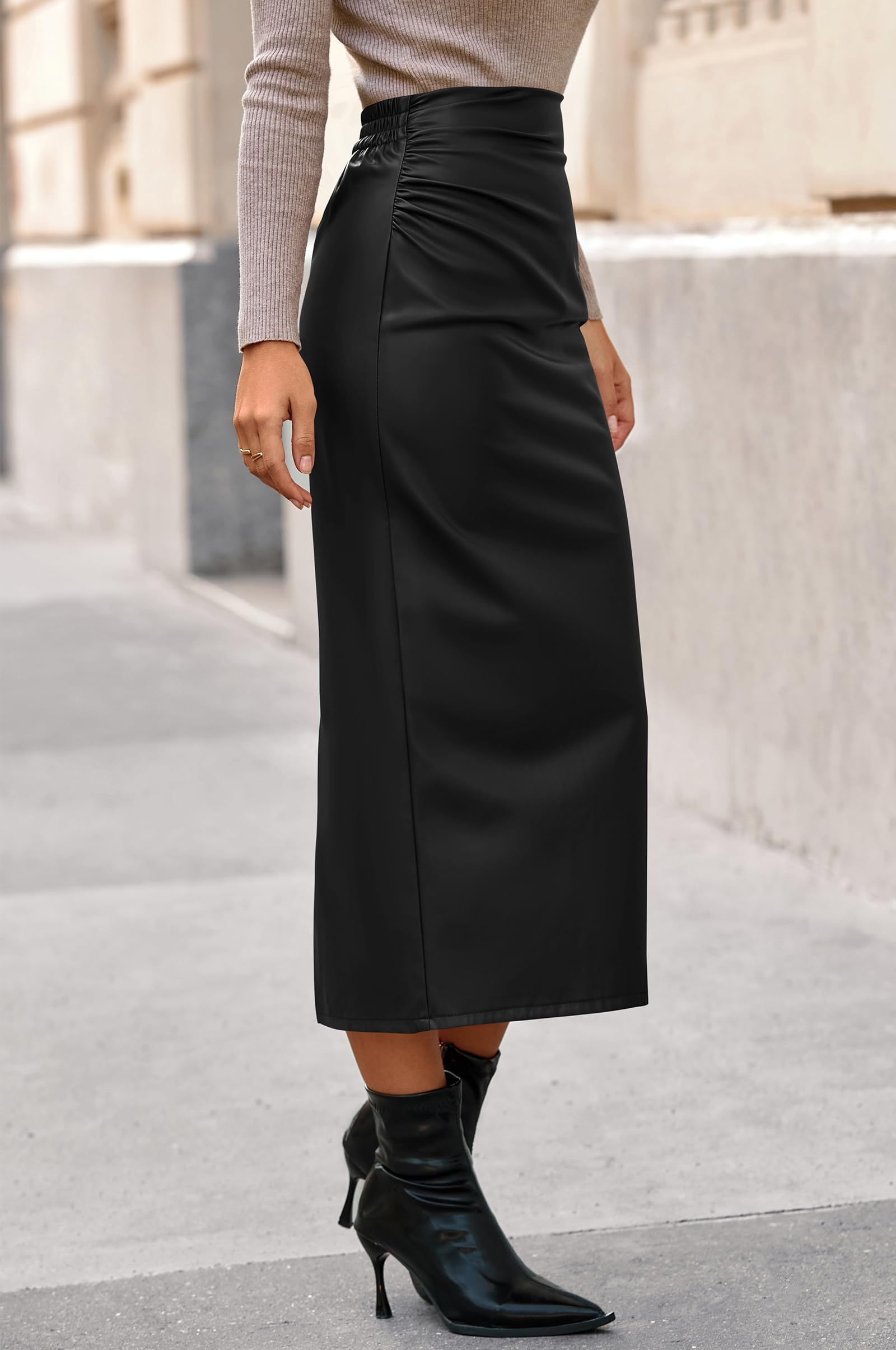 BTFBM Skirts for Women Trendy Spring Elastic Waist Ruched Bodycon Slit Pencil Midi Leather Skirt Bussiness Casual